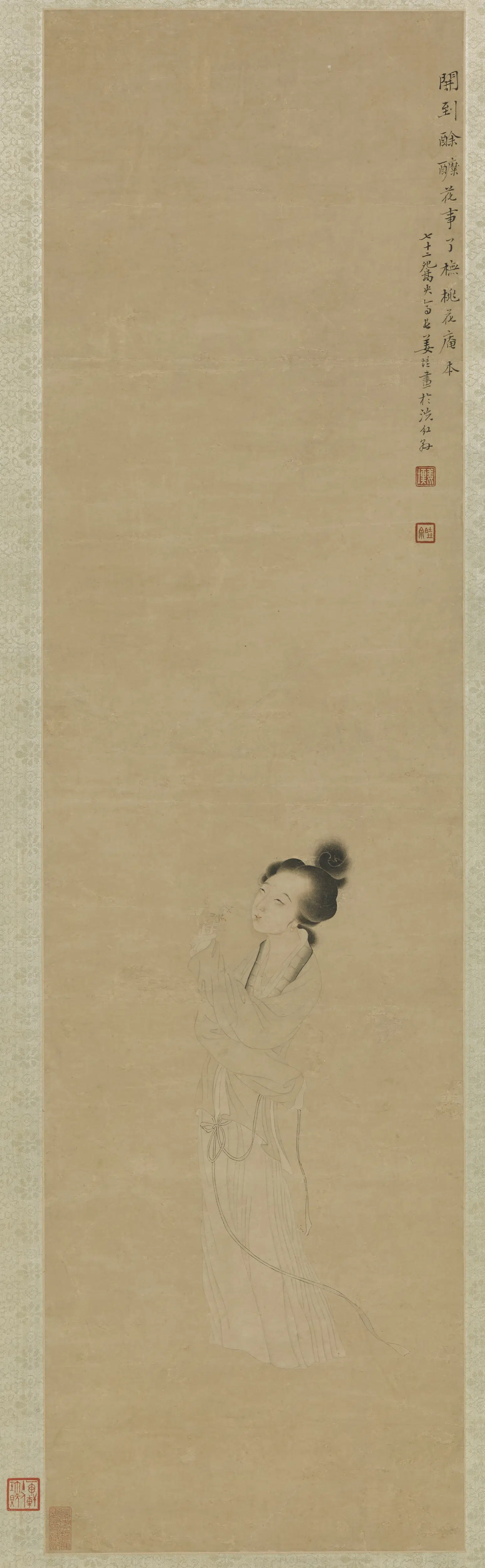 清代【姜壎】《摘花仕女图轴》