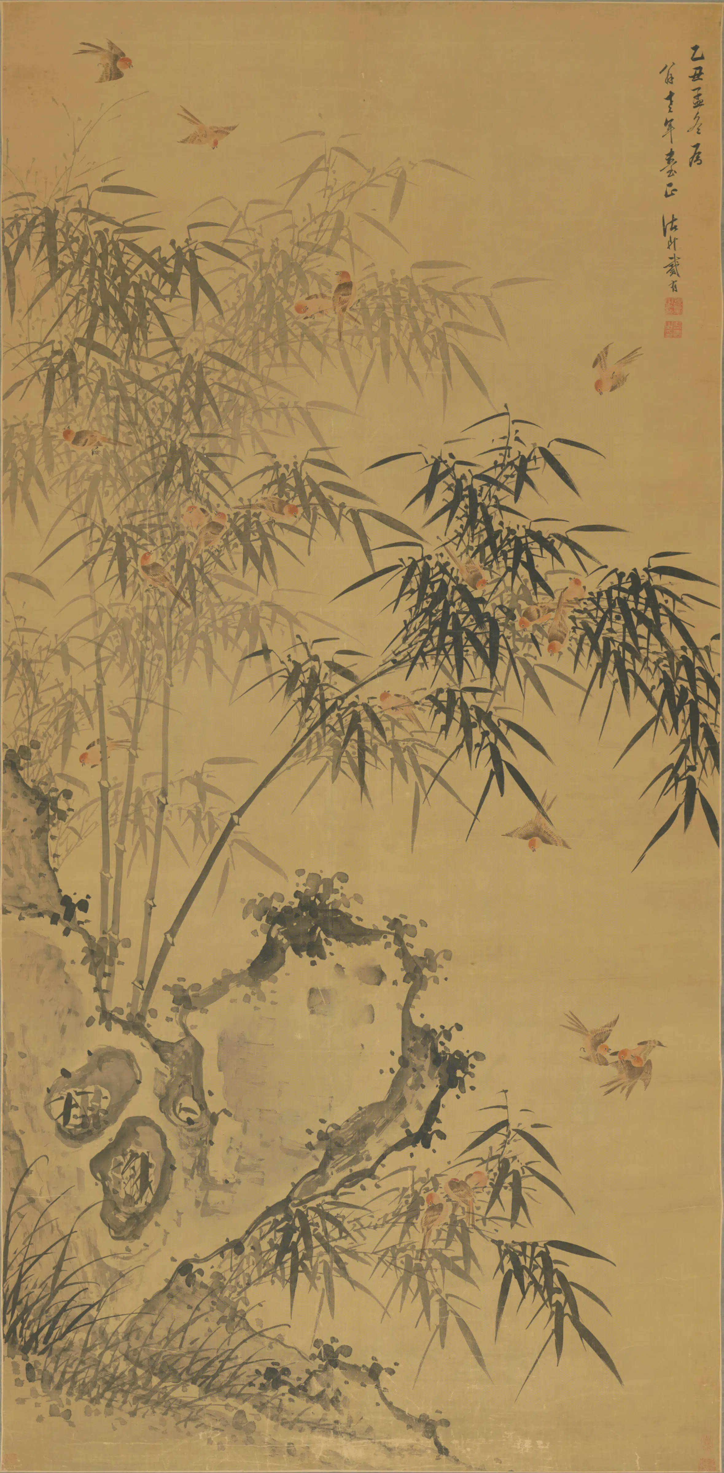 清代【诸升】《戴有合作竹雀轴》