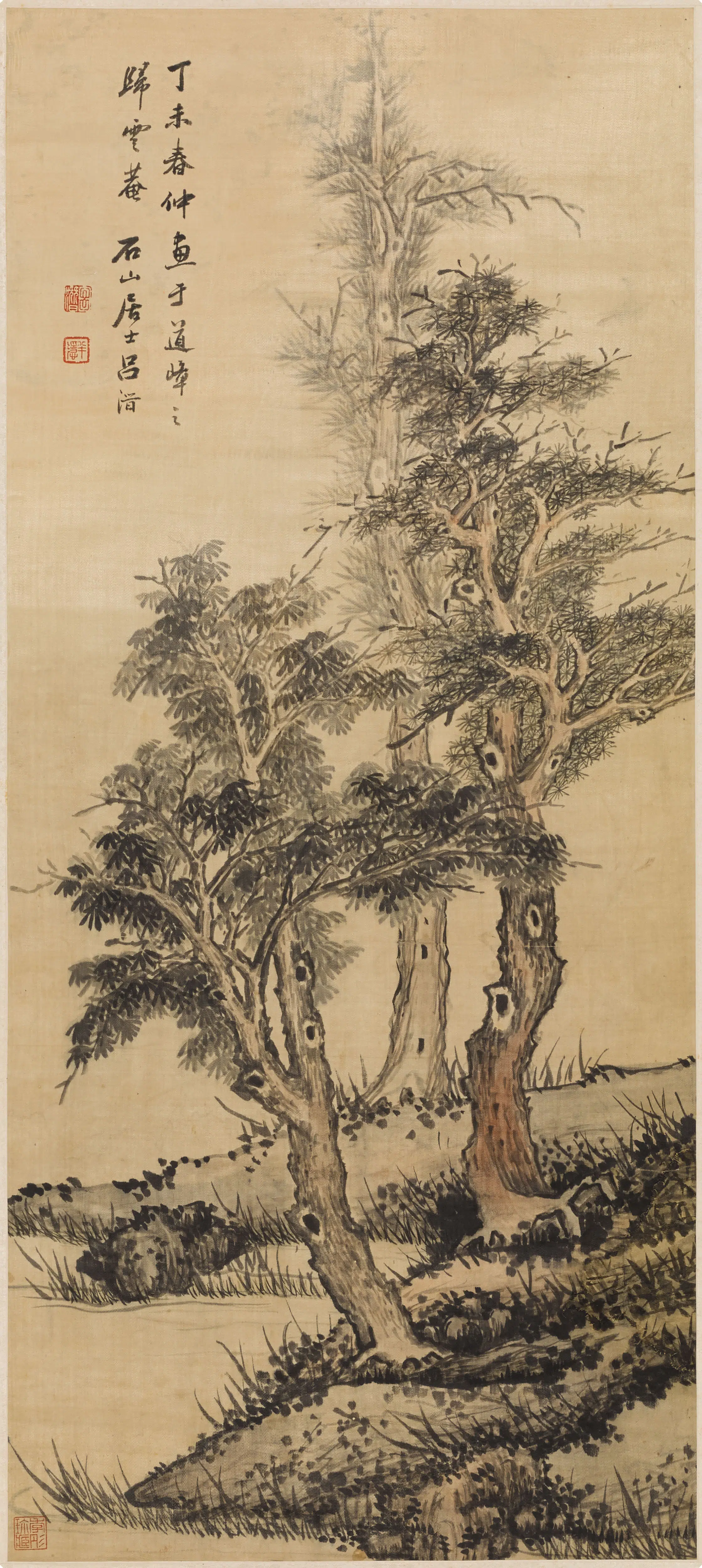 清代【吕潜】《三树图轴》