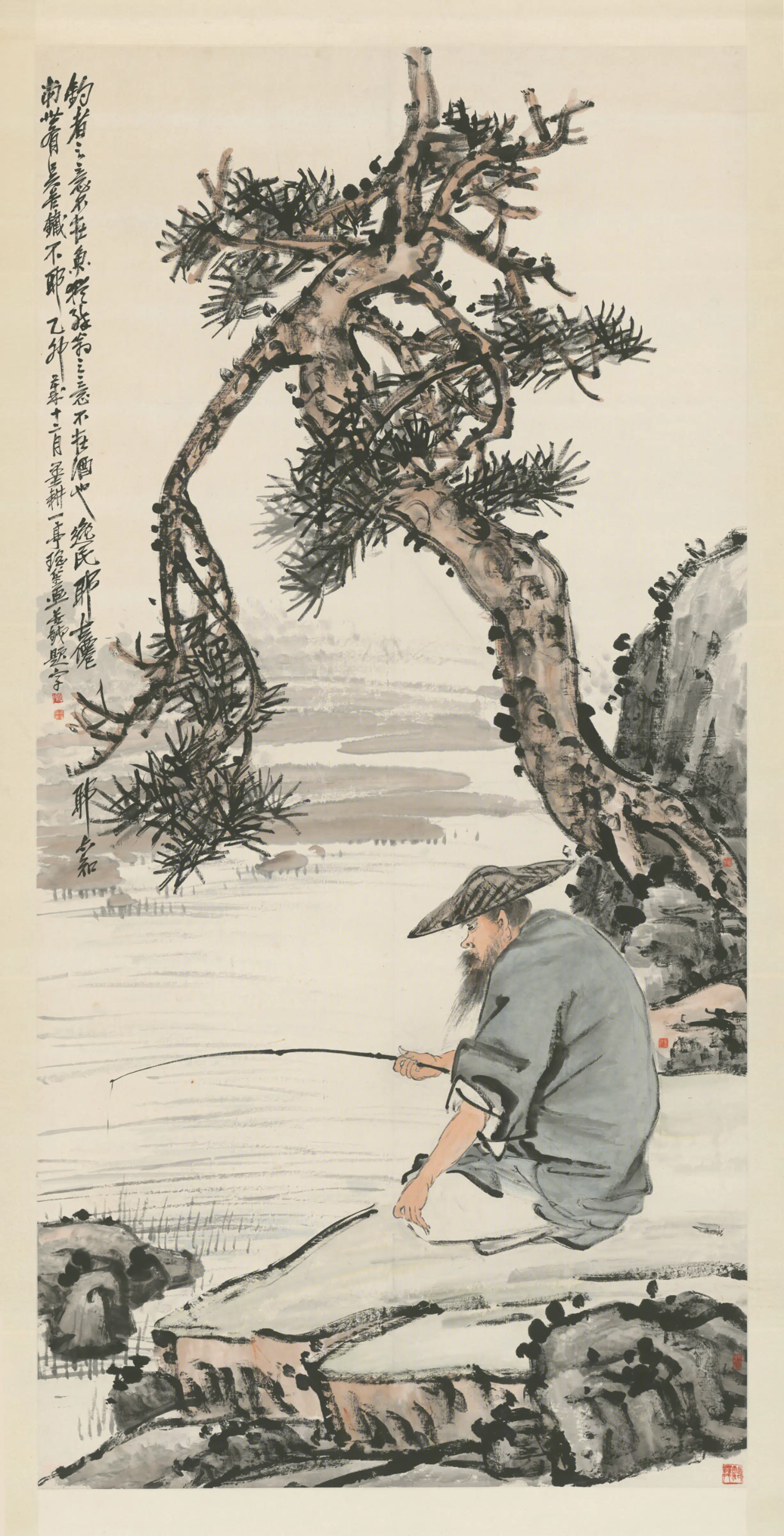 清代【王震】《倪田、程璋等三家合画松荫垂钓轴》