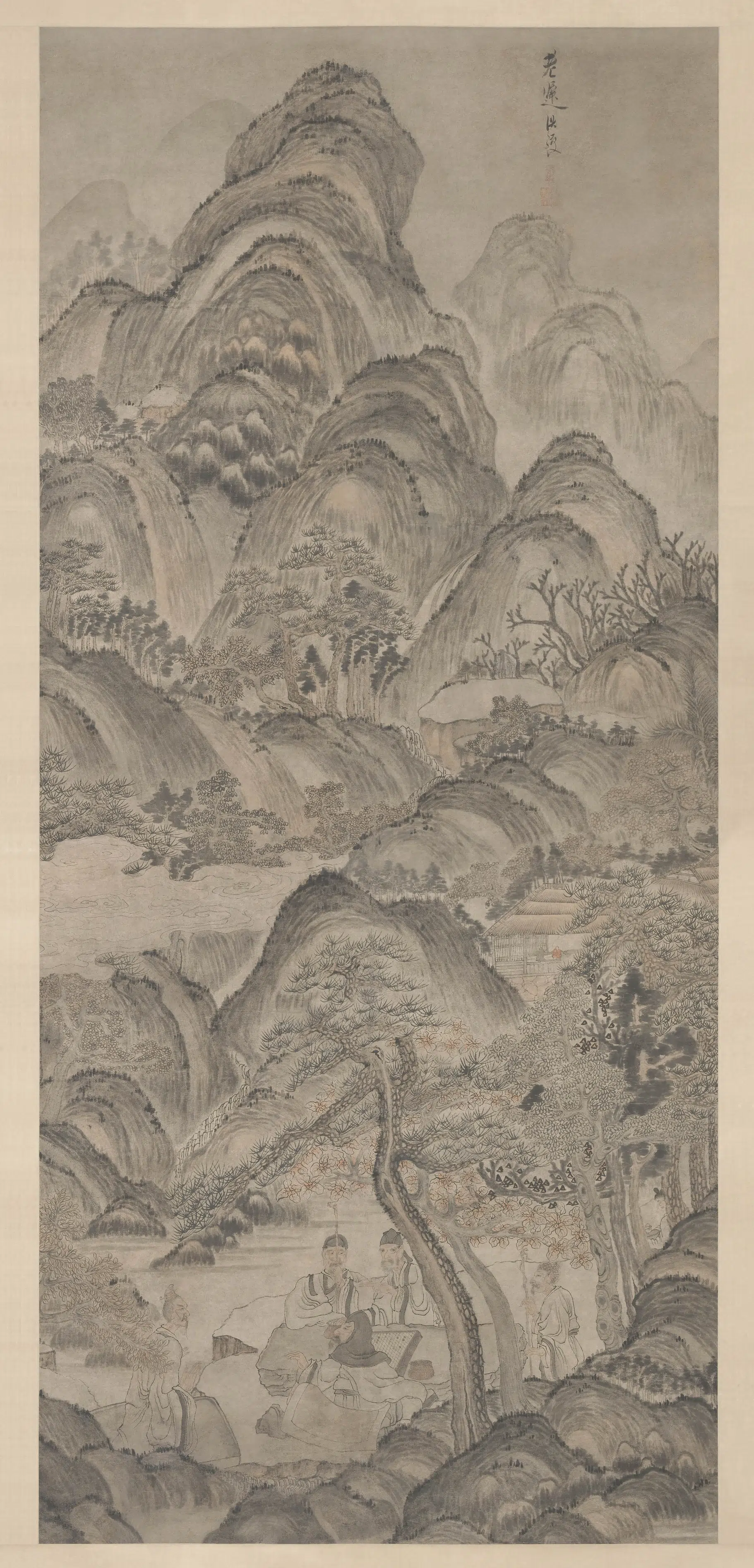 明朝【陈洪绶】《松溪对弈图轴》