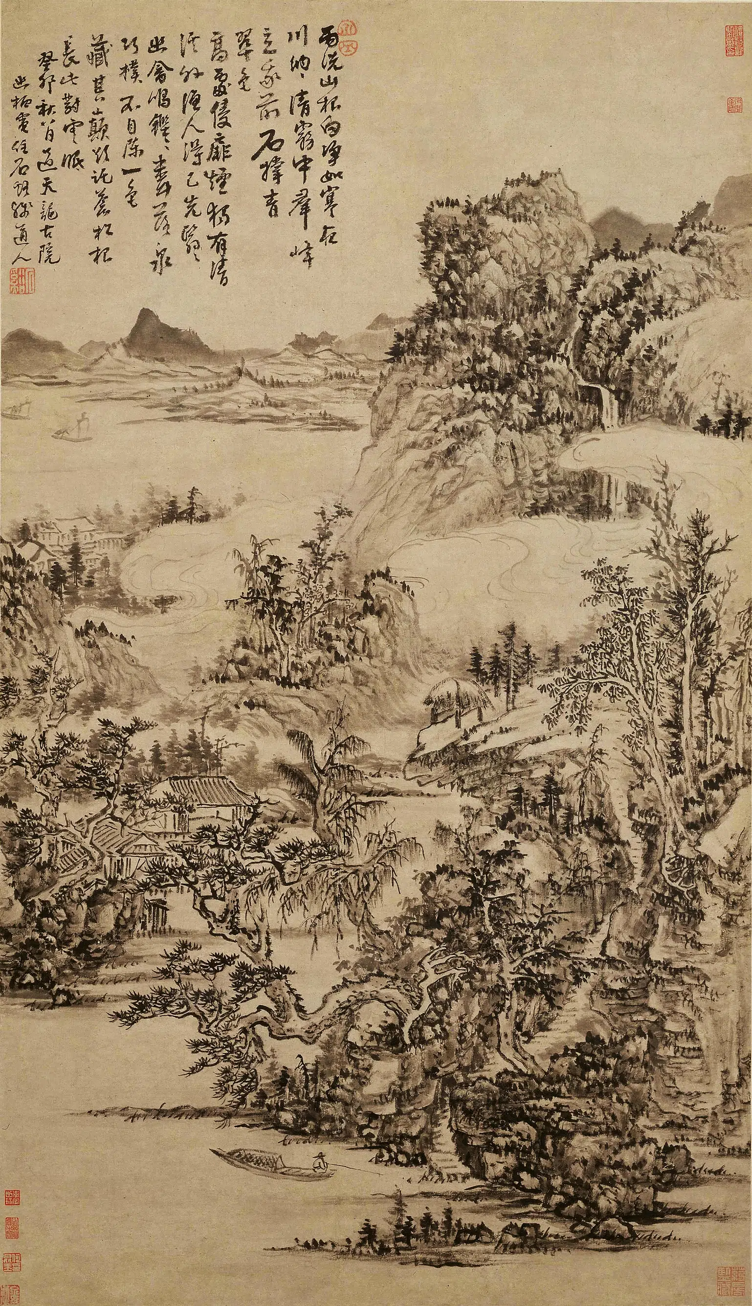 清代【髡残(石谿)】《雨洗山根图轴》