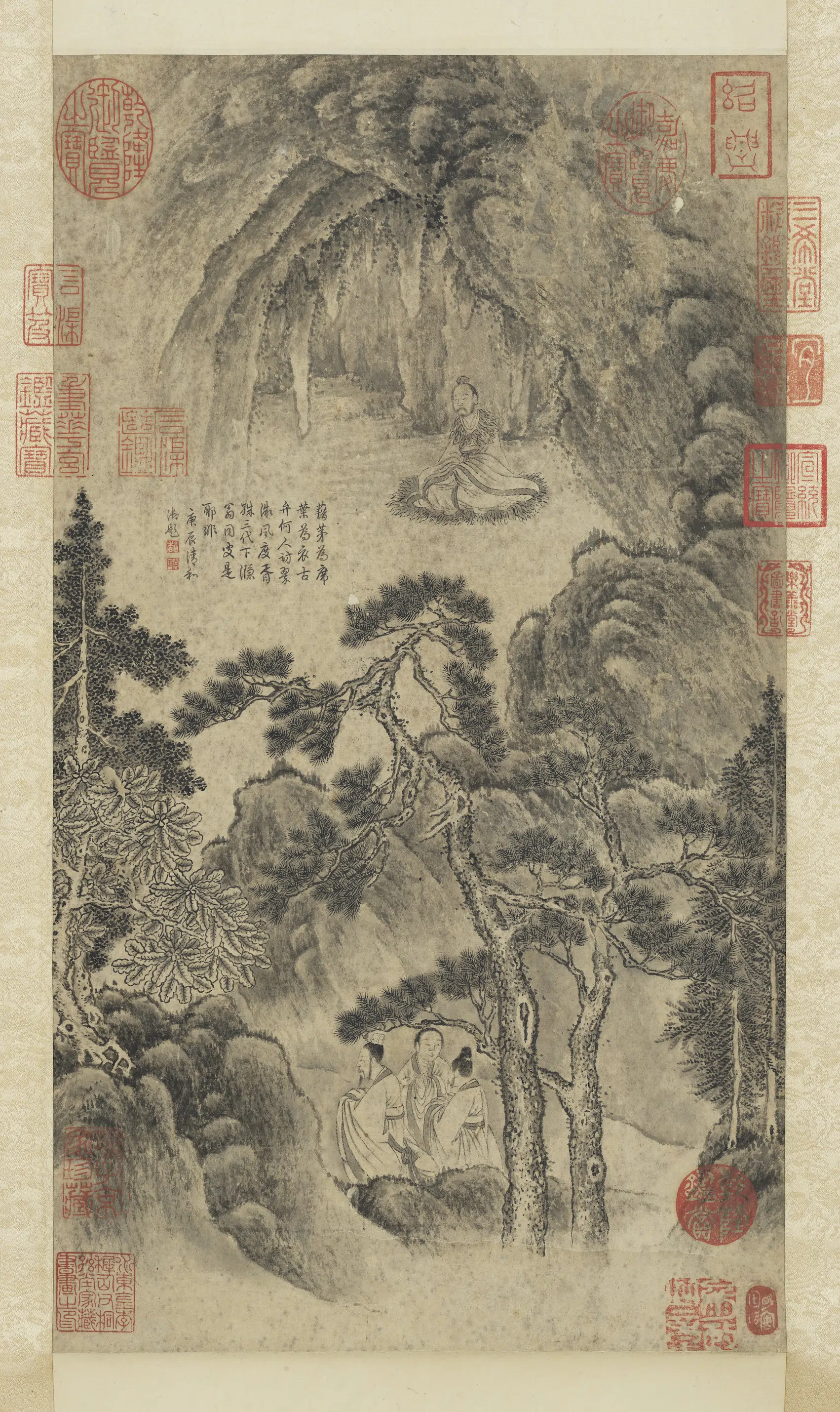 宋代《宋人松阴访隐图轴》