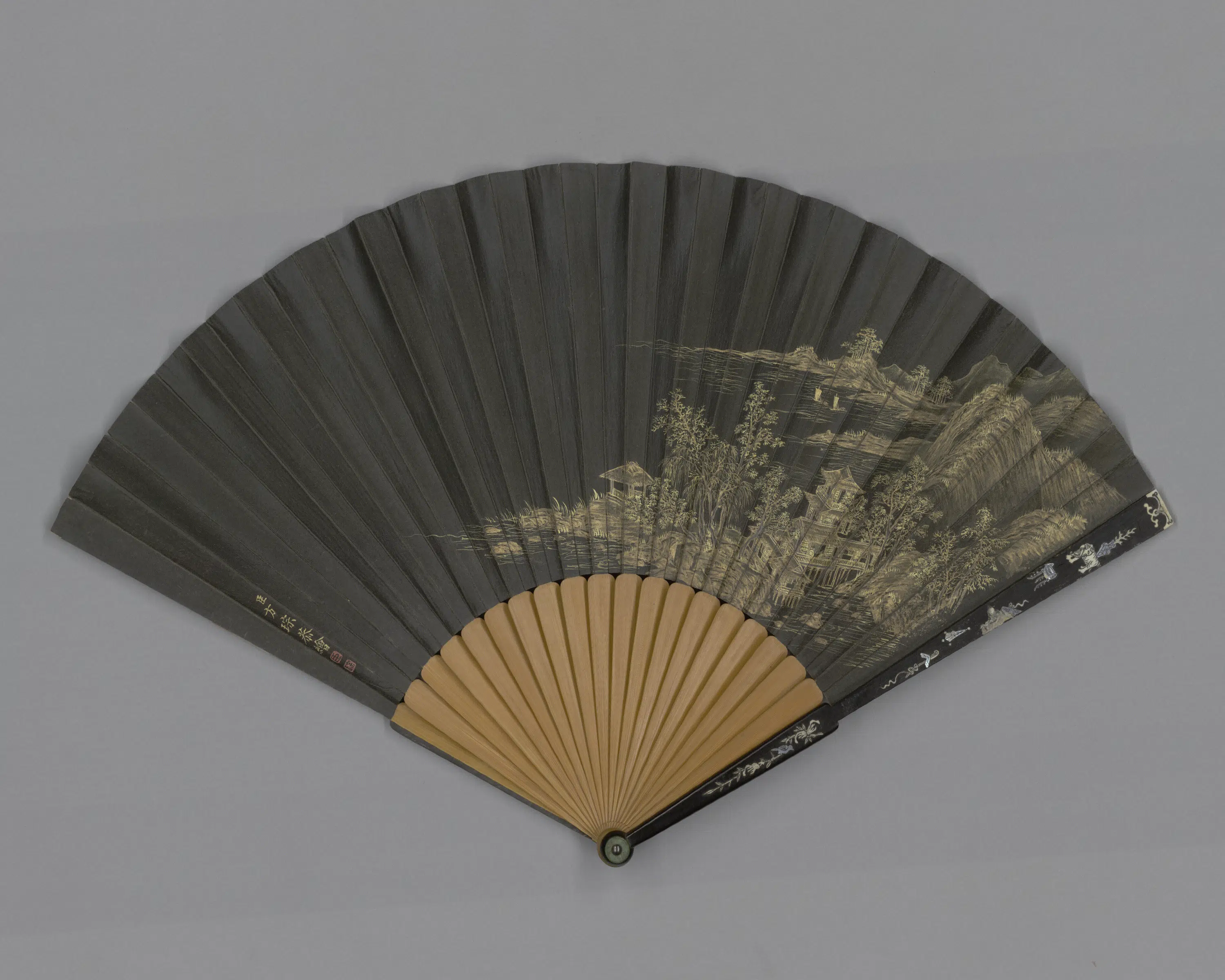 明朝【董其昌】《方琮画山水王杰临董其昌书帖成扇》