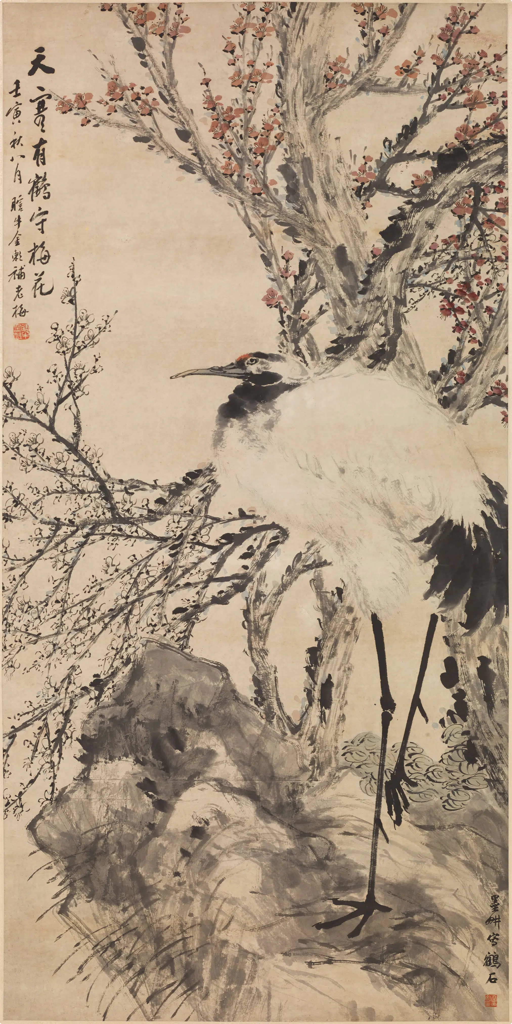 清代【金心兰（蘭）（金湅）】《倪田有鹤守梅图轴》