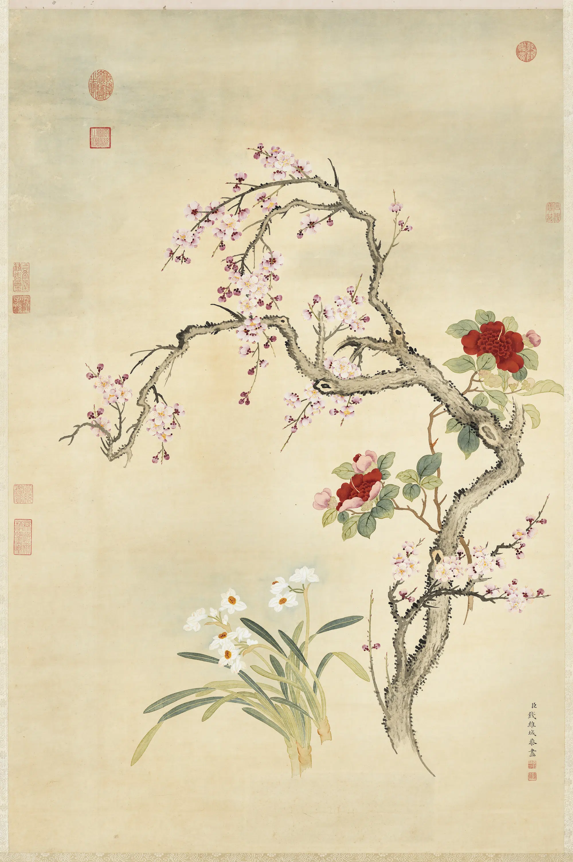 清代【钱维城】《画梅茶水仙图轴》