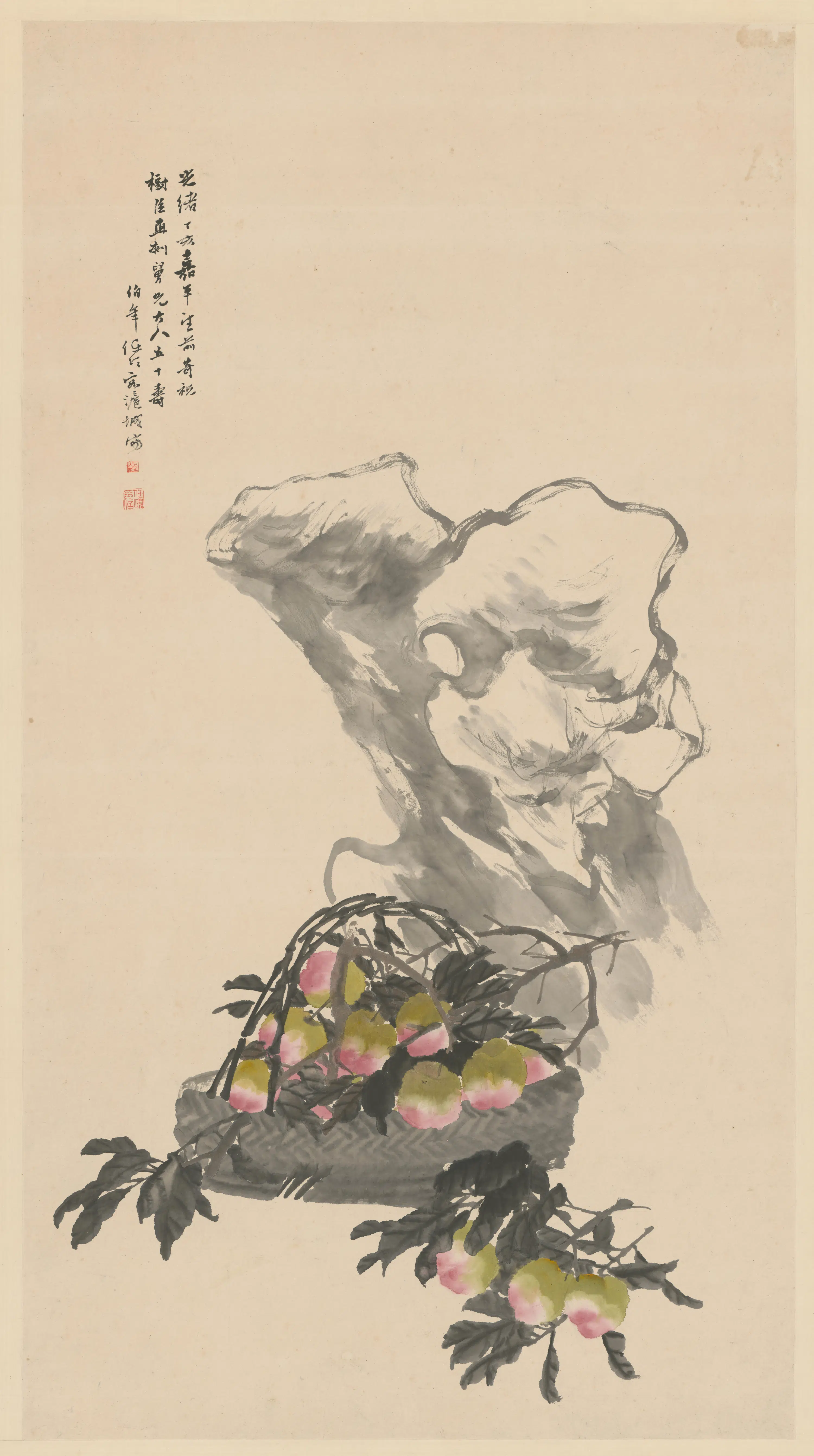 清代【任伯年】《桃石图轴》