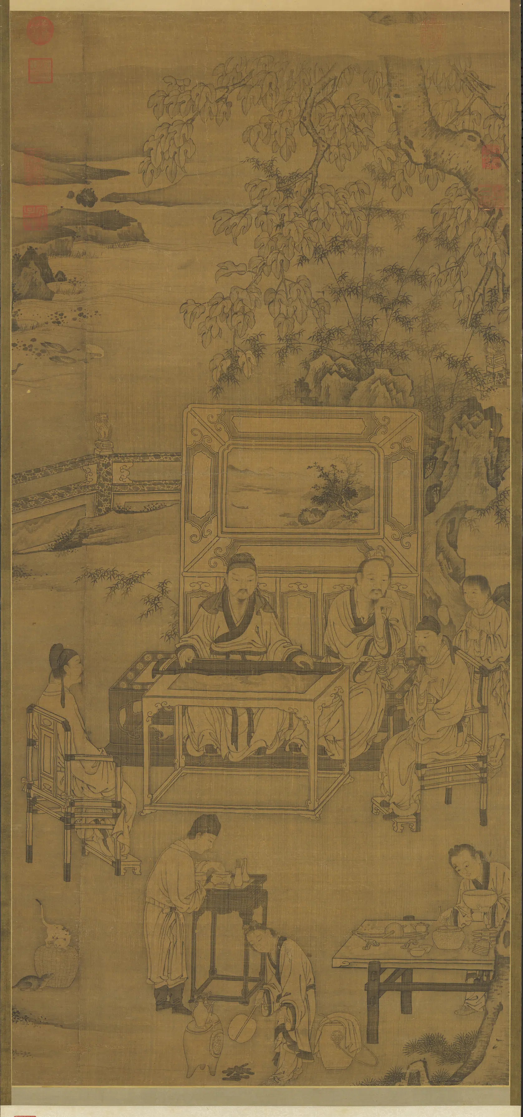 元代《元人画听琴图轴》