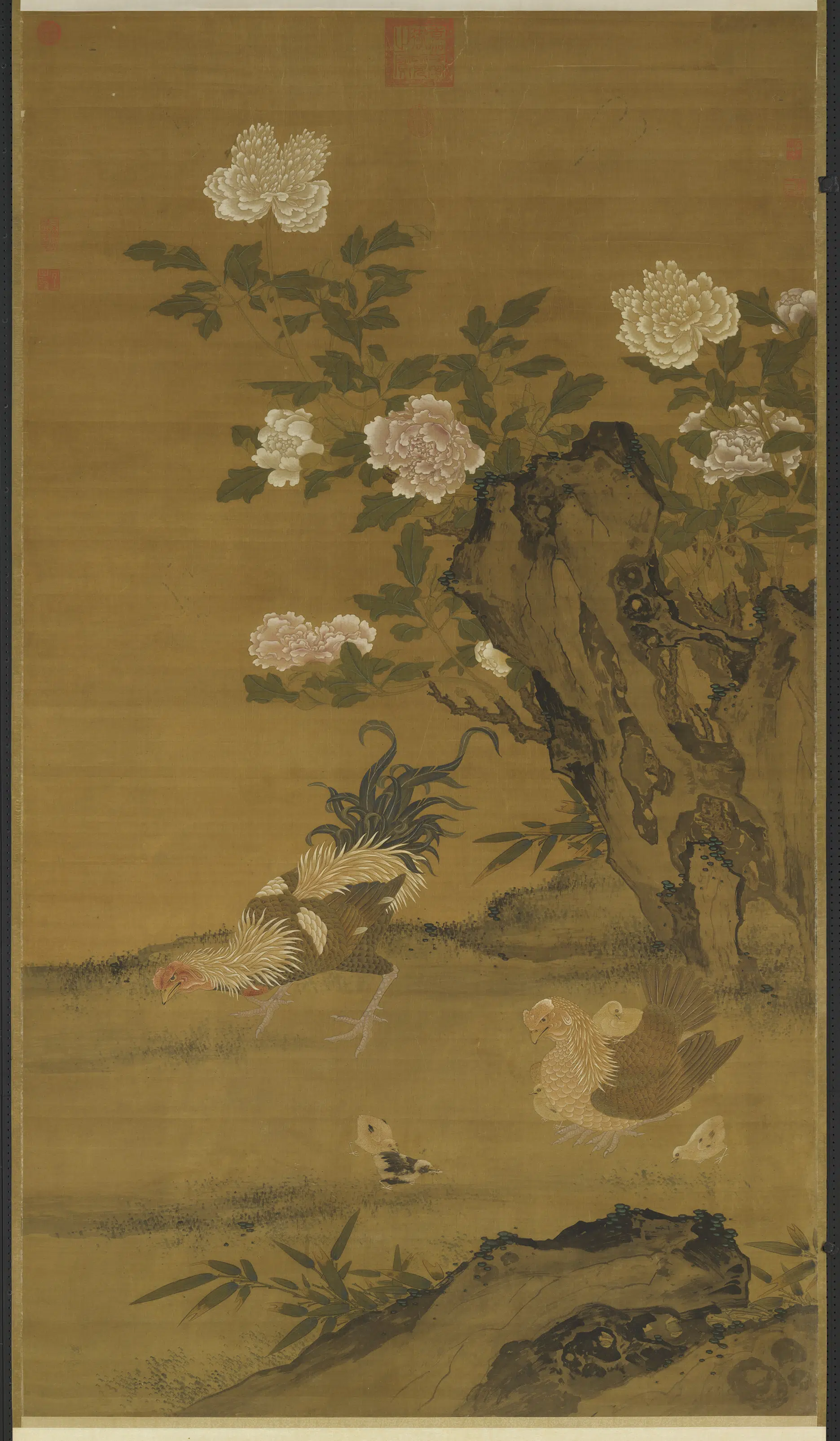 元代《元人画花下将雏图轴》