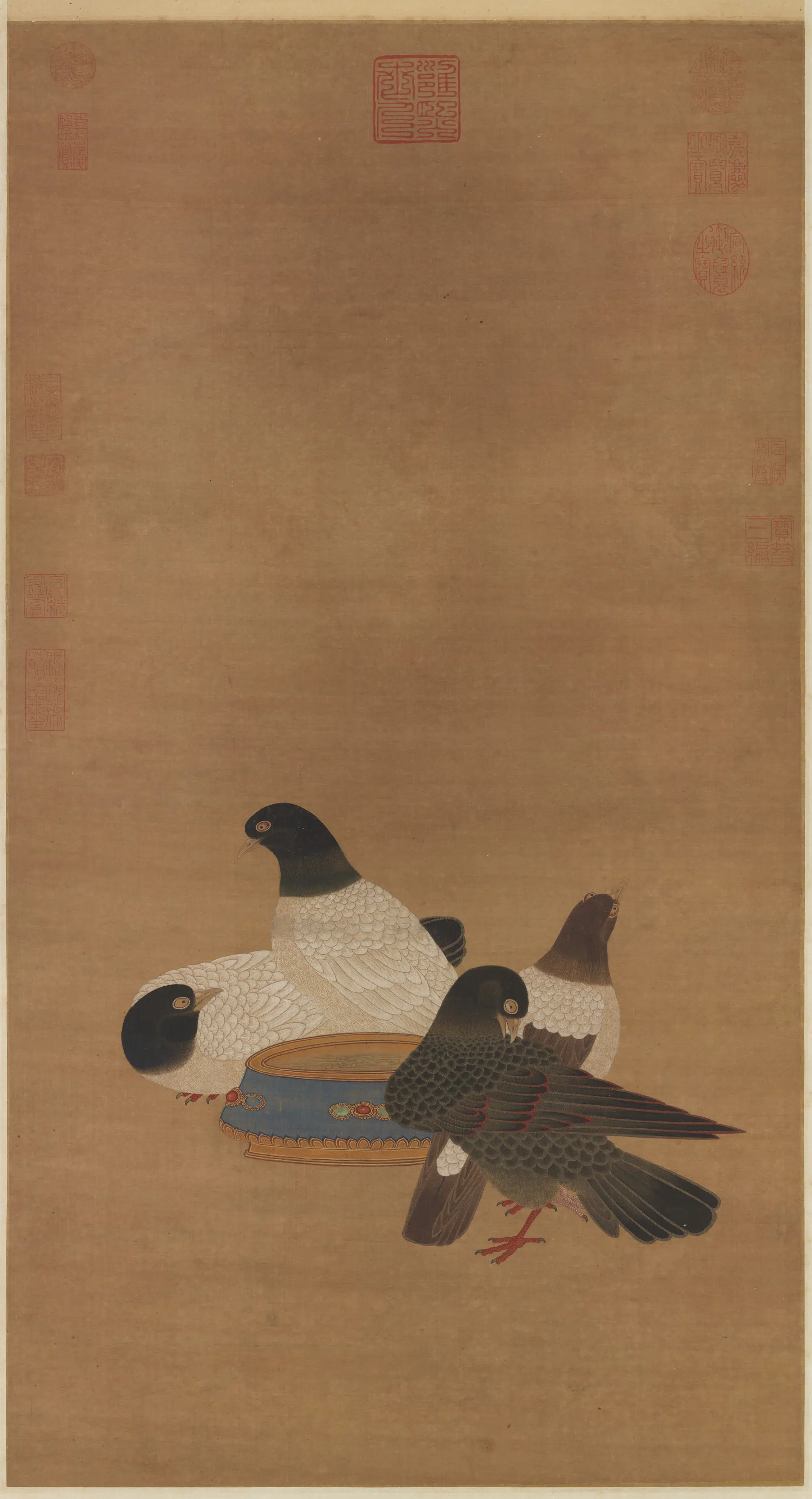 明朝【明宣宗朱瞻基】《画金盆鹁鸽图轴》