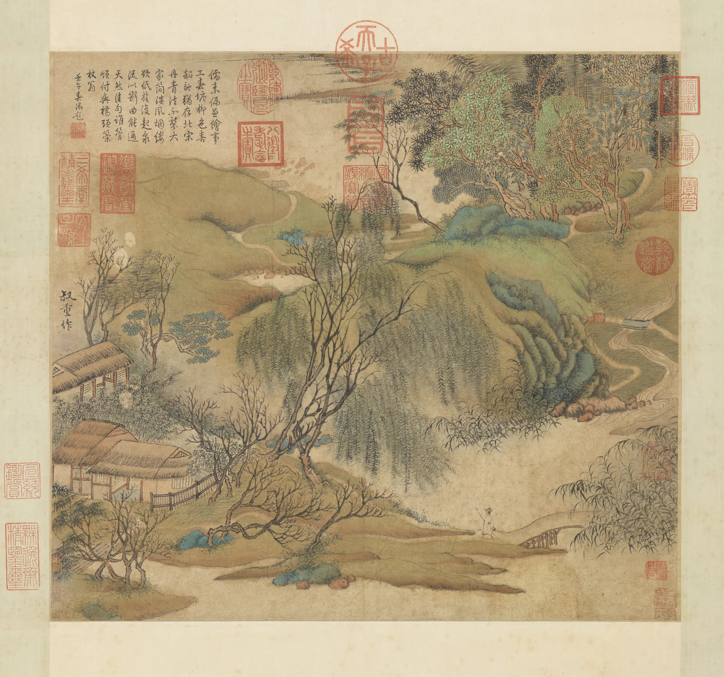 元代【朱叔重（朱叔中）】《春塘柳色图轴》