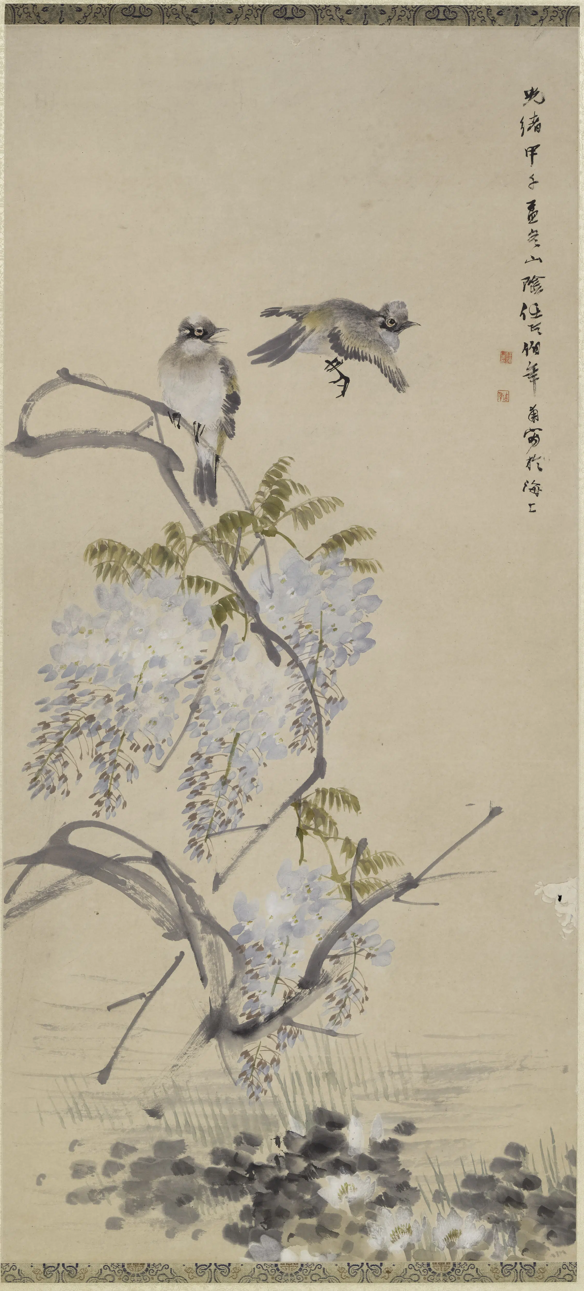 清代【任伯年（任颐）】《紫藤白头翁轴》