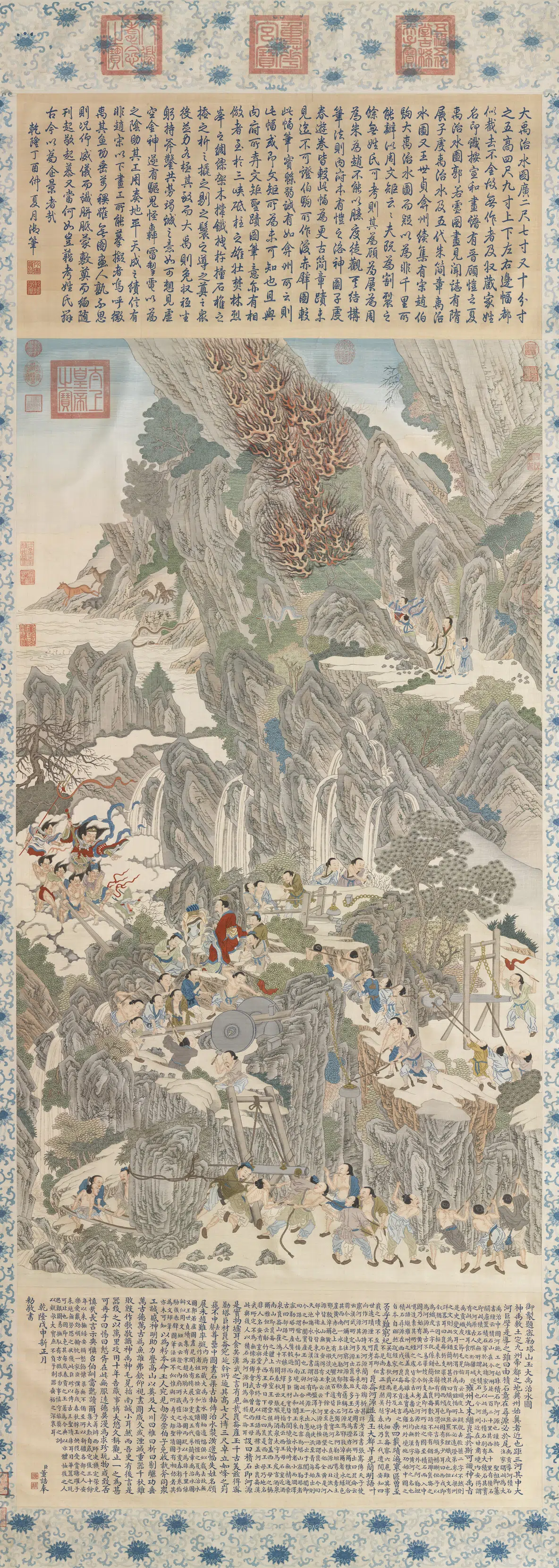 五代南唐【周文矩】《缂丝御题周文矩大禹治水图轴》