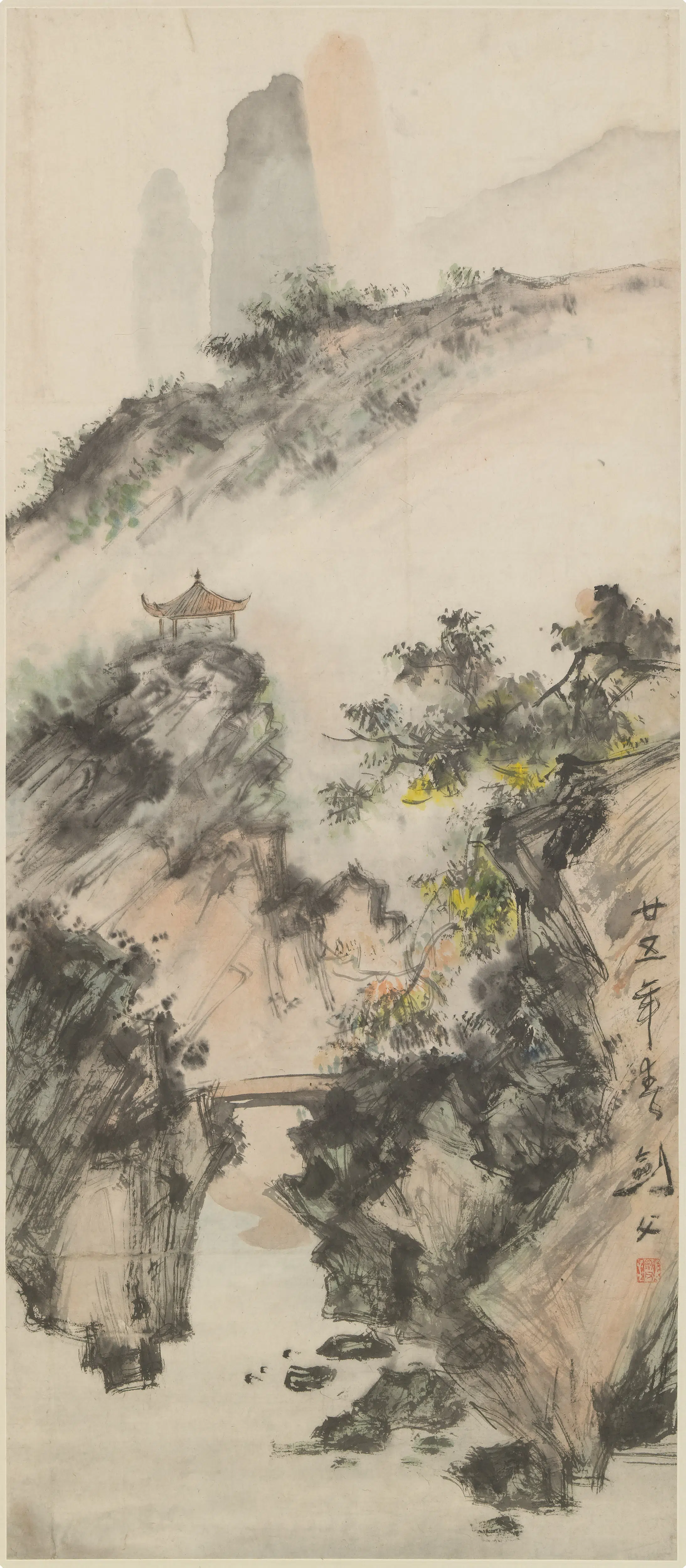 近现代【高剑父】《青山秀亭图轴》