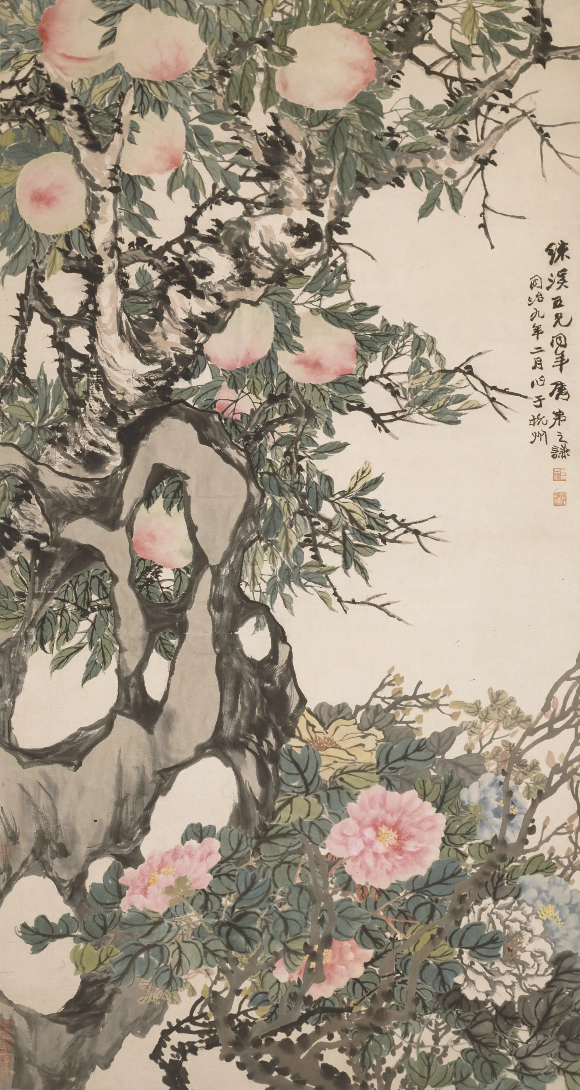 清代【赵之谦】《桃宾牡丹图轴》