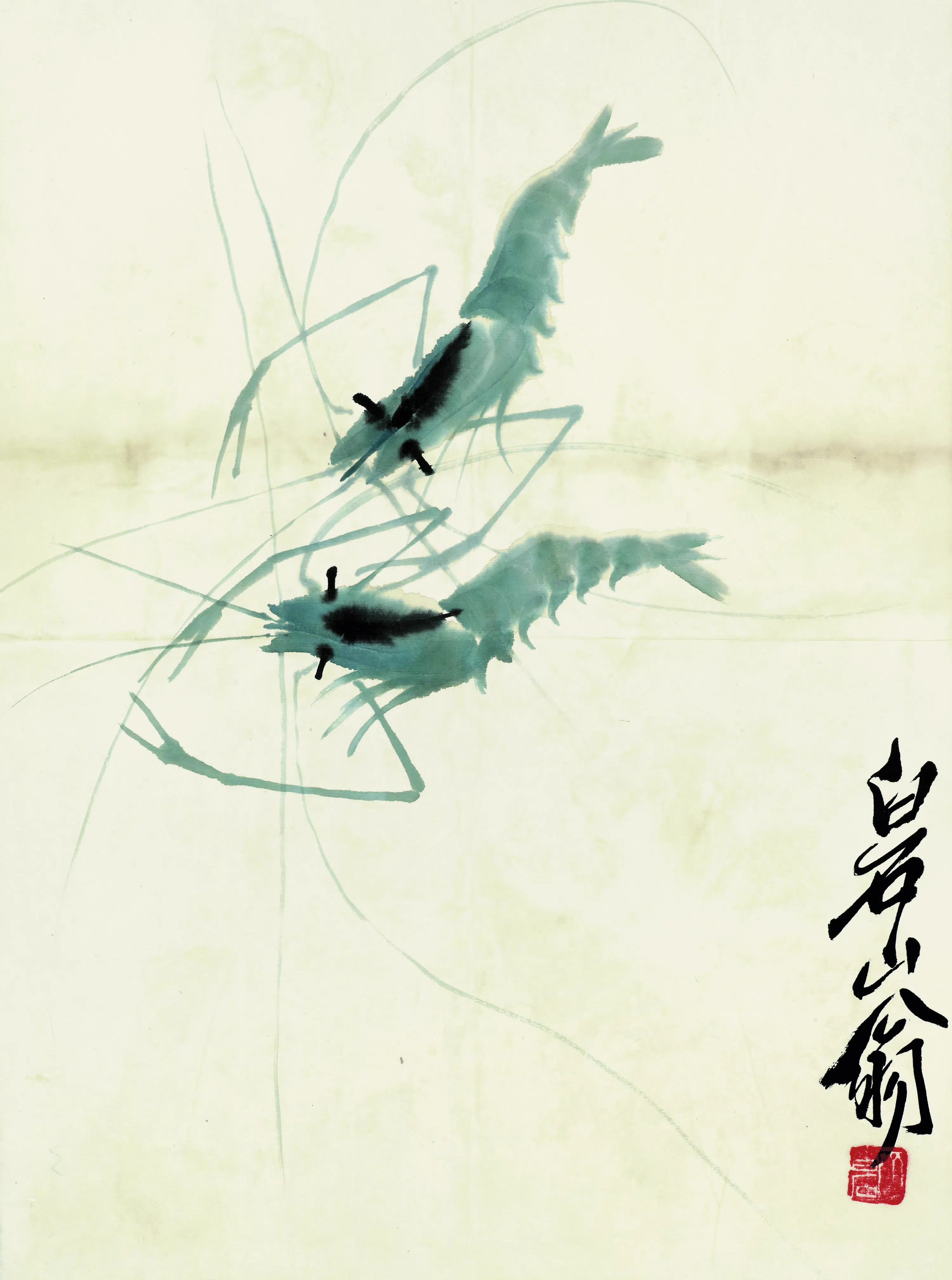近现代【齐白石】《鱼虾册页之双青虾》 第1张