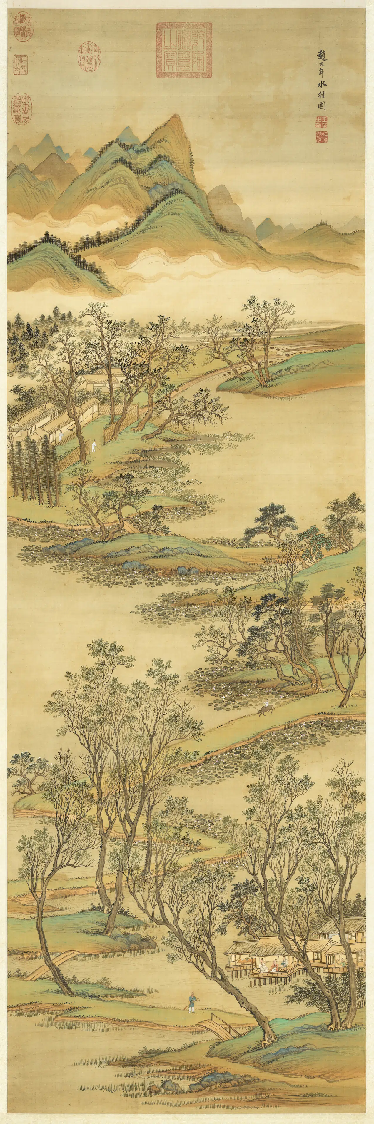 清代【王翚】《仿赵大年水村图轴》