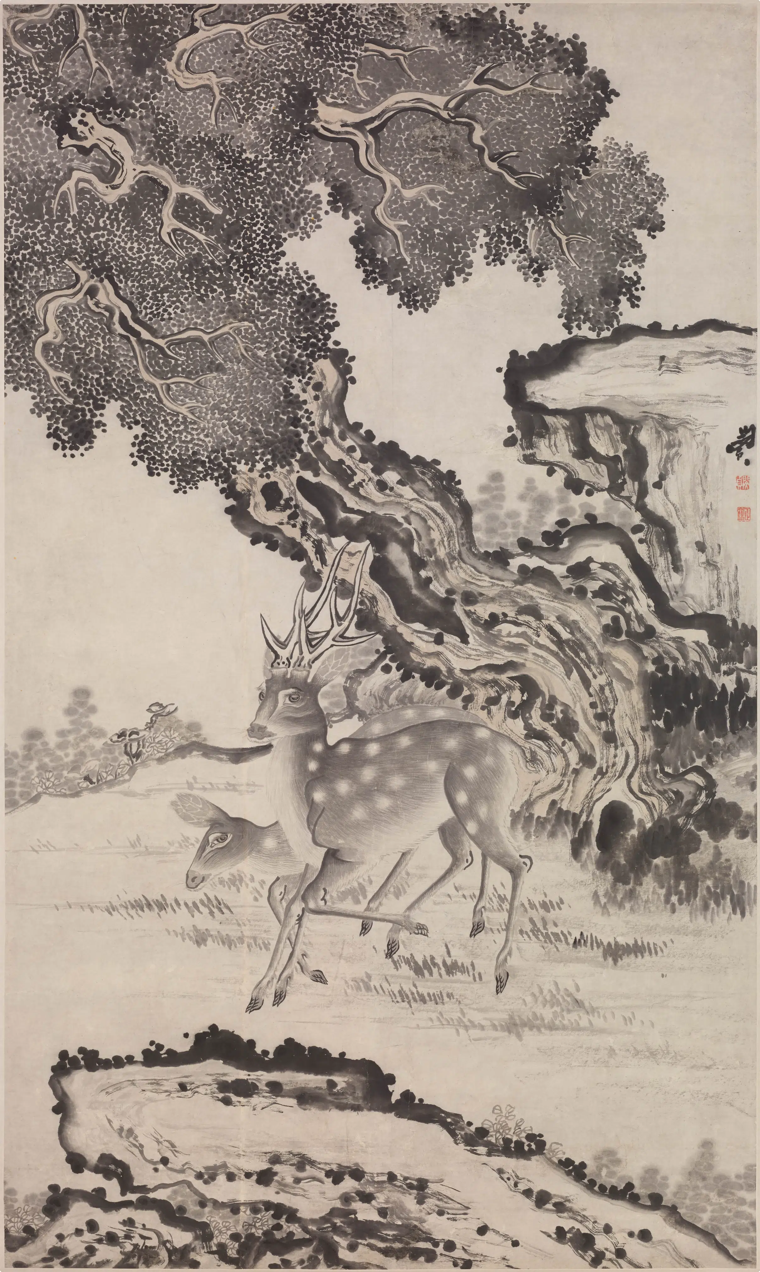 清代【闵贞】《柏鹿图轴》