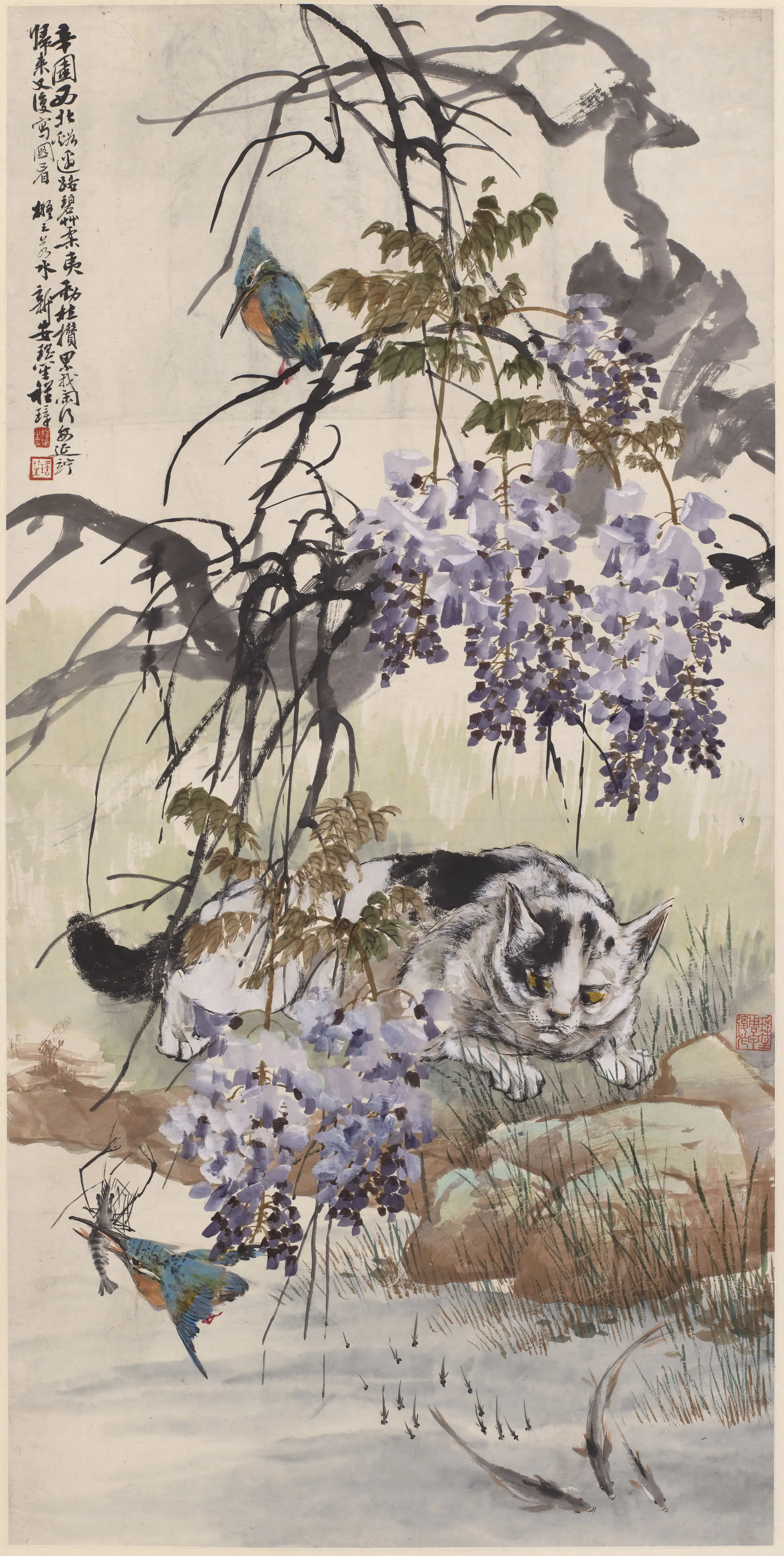 近现代【程璋】《紫藤翠鸟图轴》