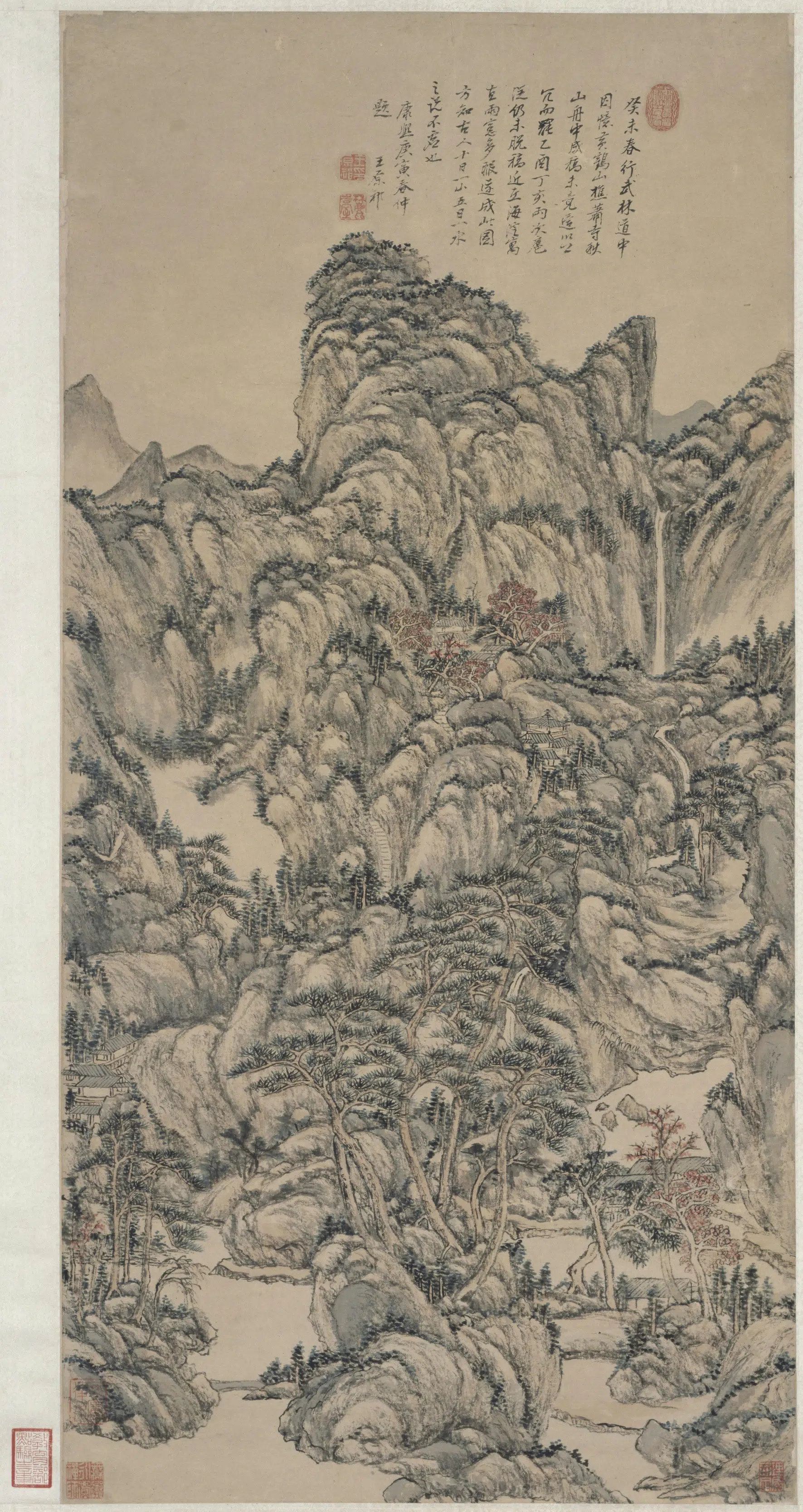 元朝【王蒙】《王原祁仿王蒙秋山萧寺图轴》