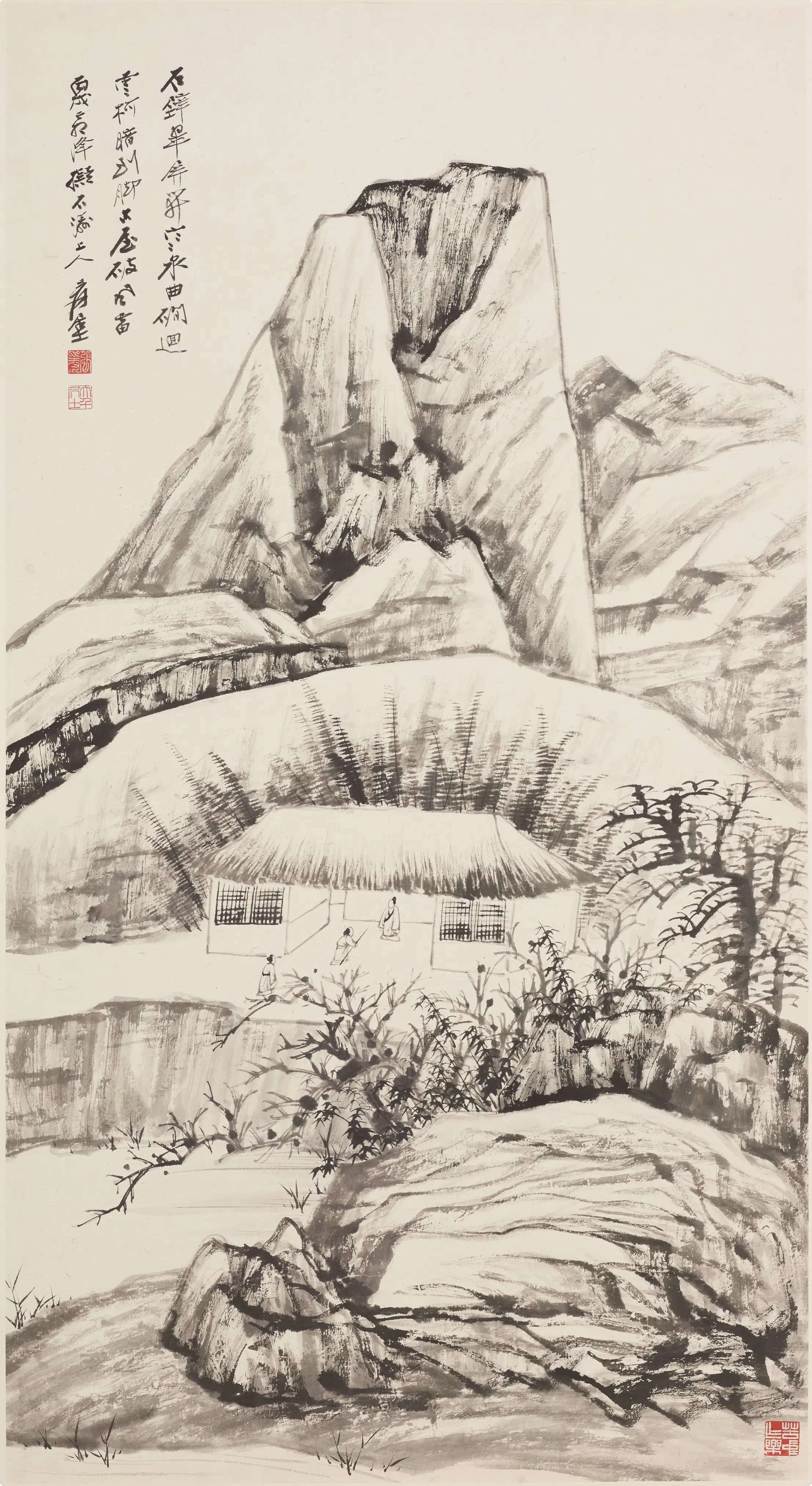 近现代【张大千】《石壁古屋图轴》