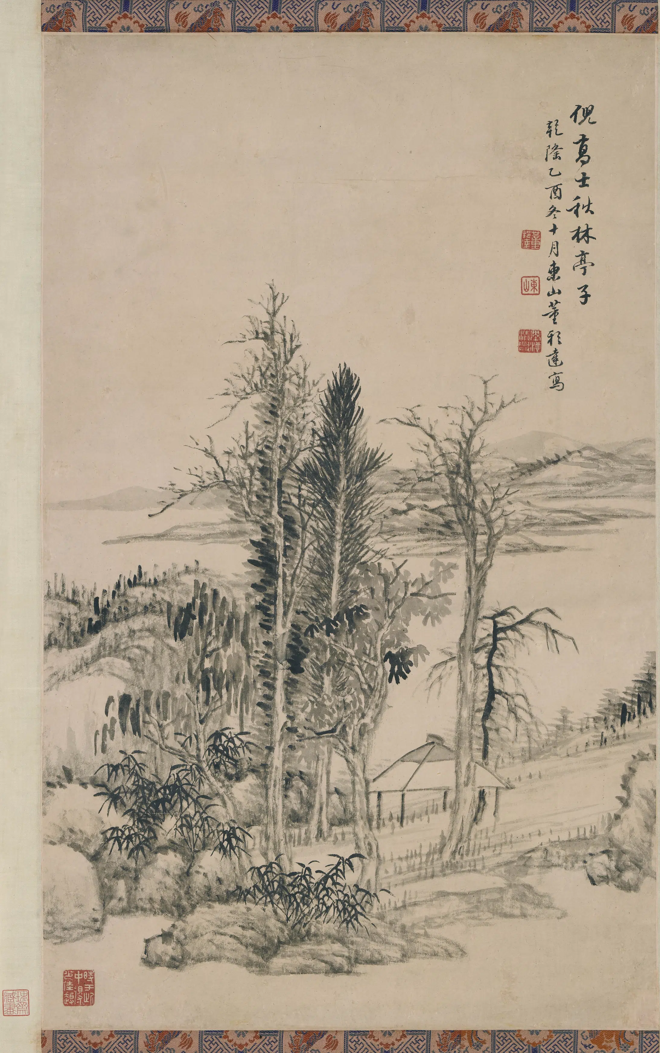 清代【董邦达】《仿倪瓒秋林亭子图轴》