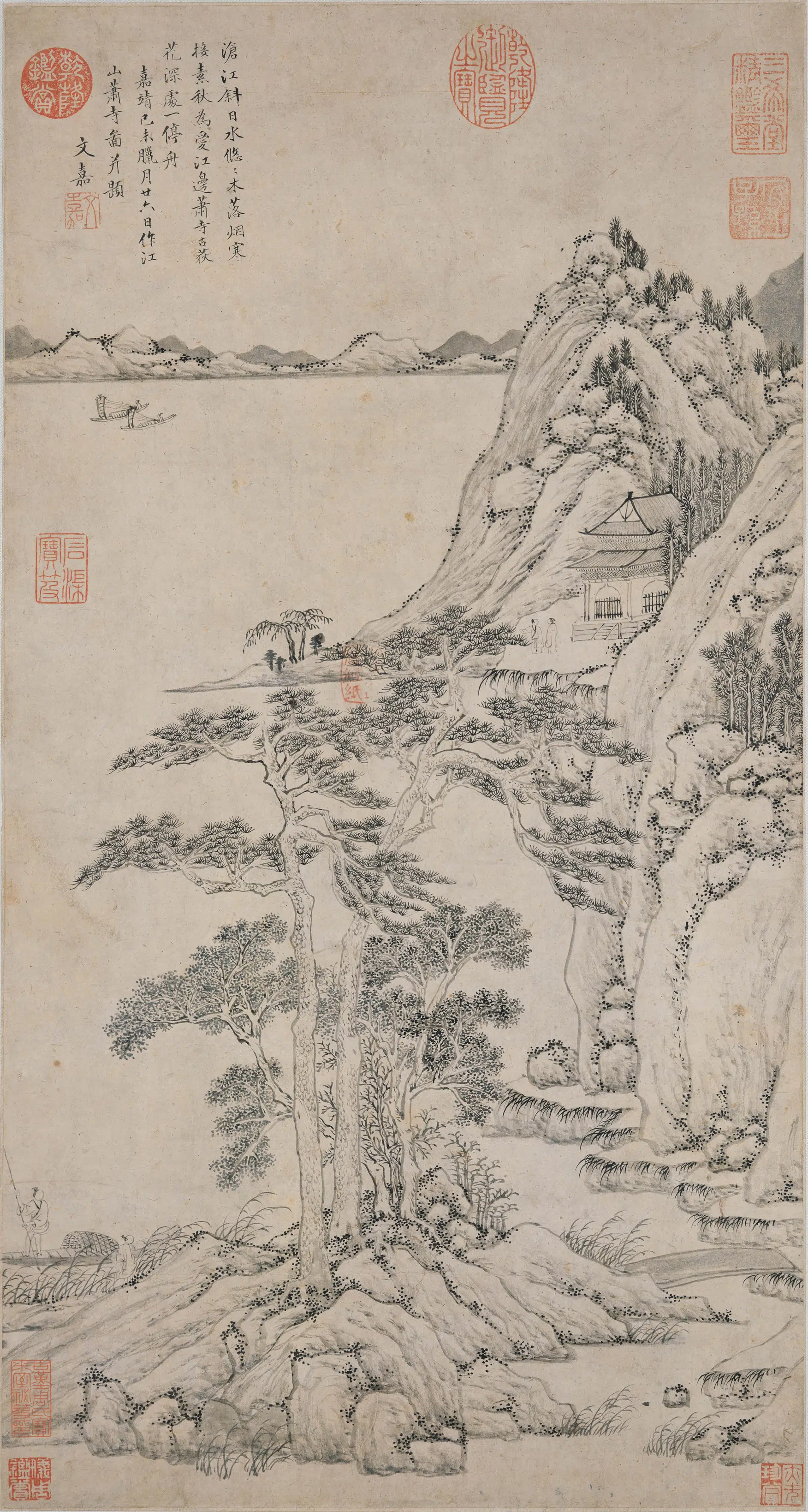 明朝【文嘉】《江山萧寺图轴》