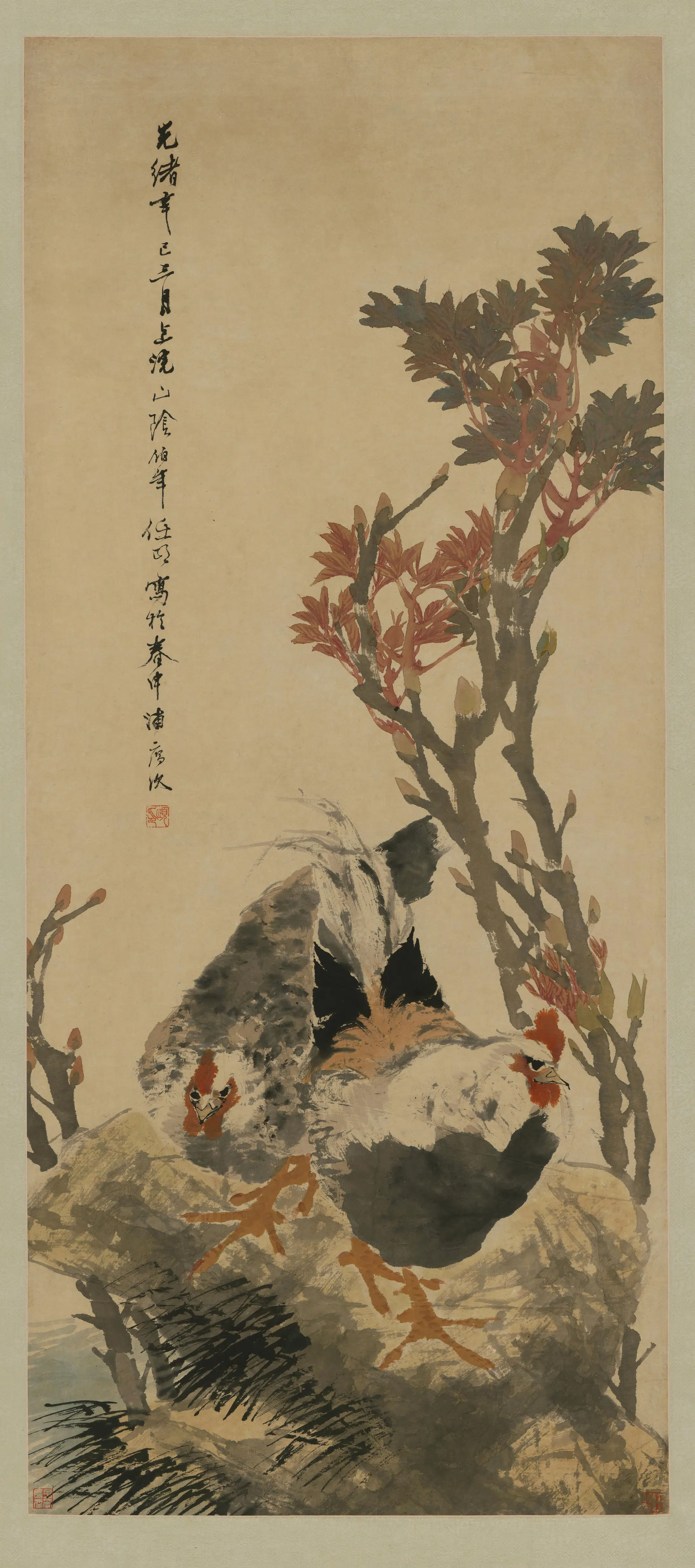 清代【任伯年】《牡丹双鸡图》