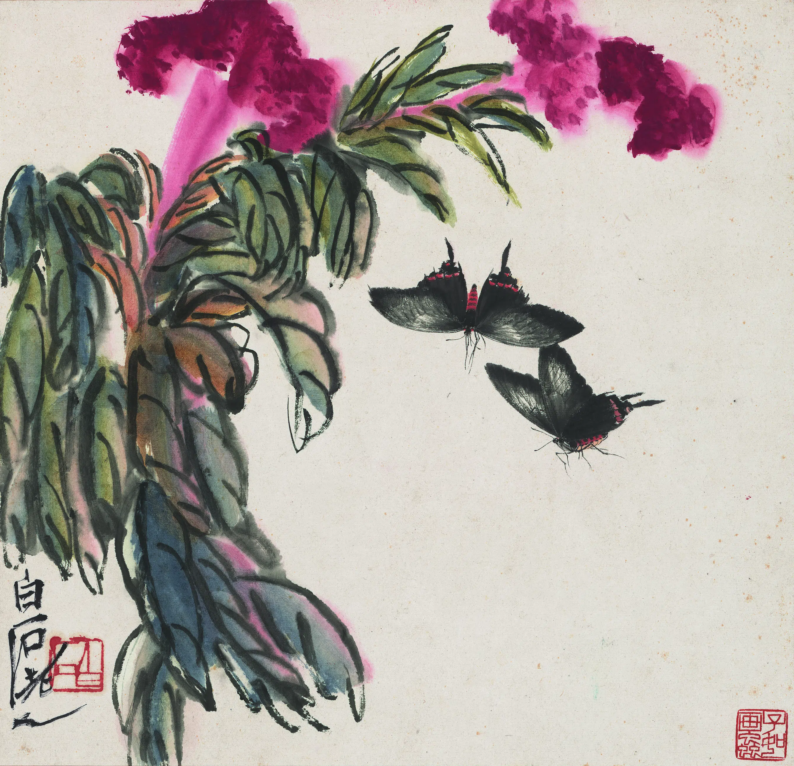 近现代【齐白石】《花果草虫册-蝶舞花间图》