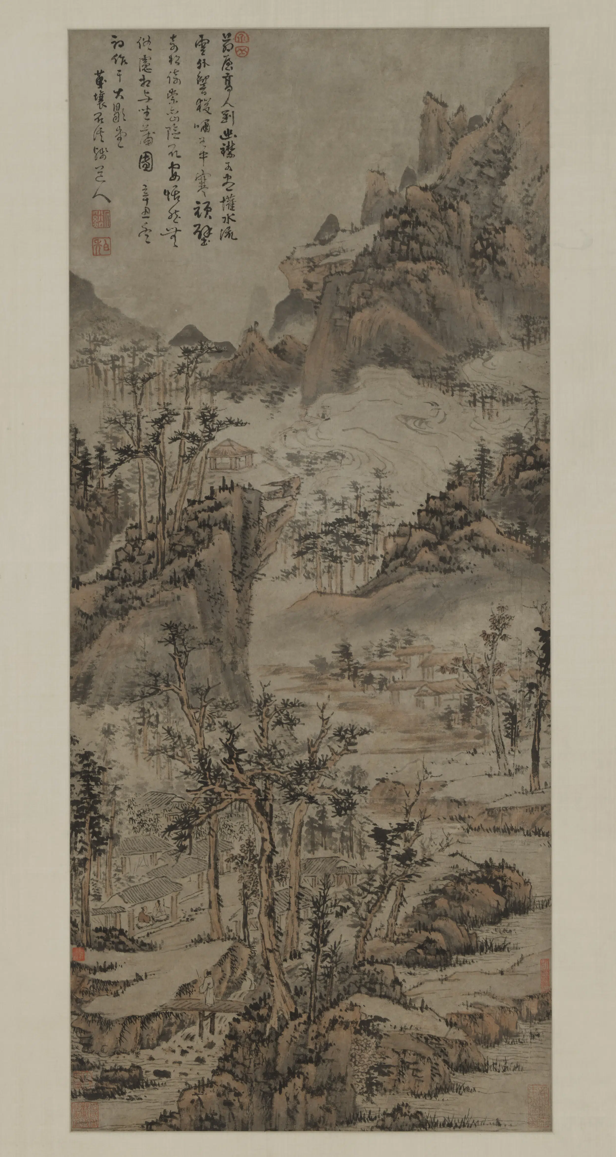 清代【髡残(石谿)】《茅屋白云图轴》