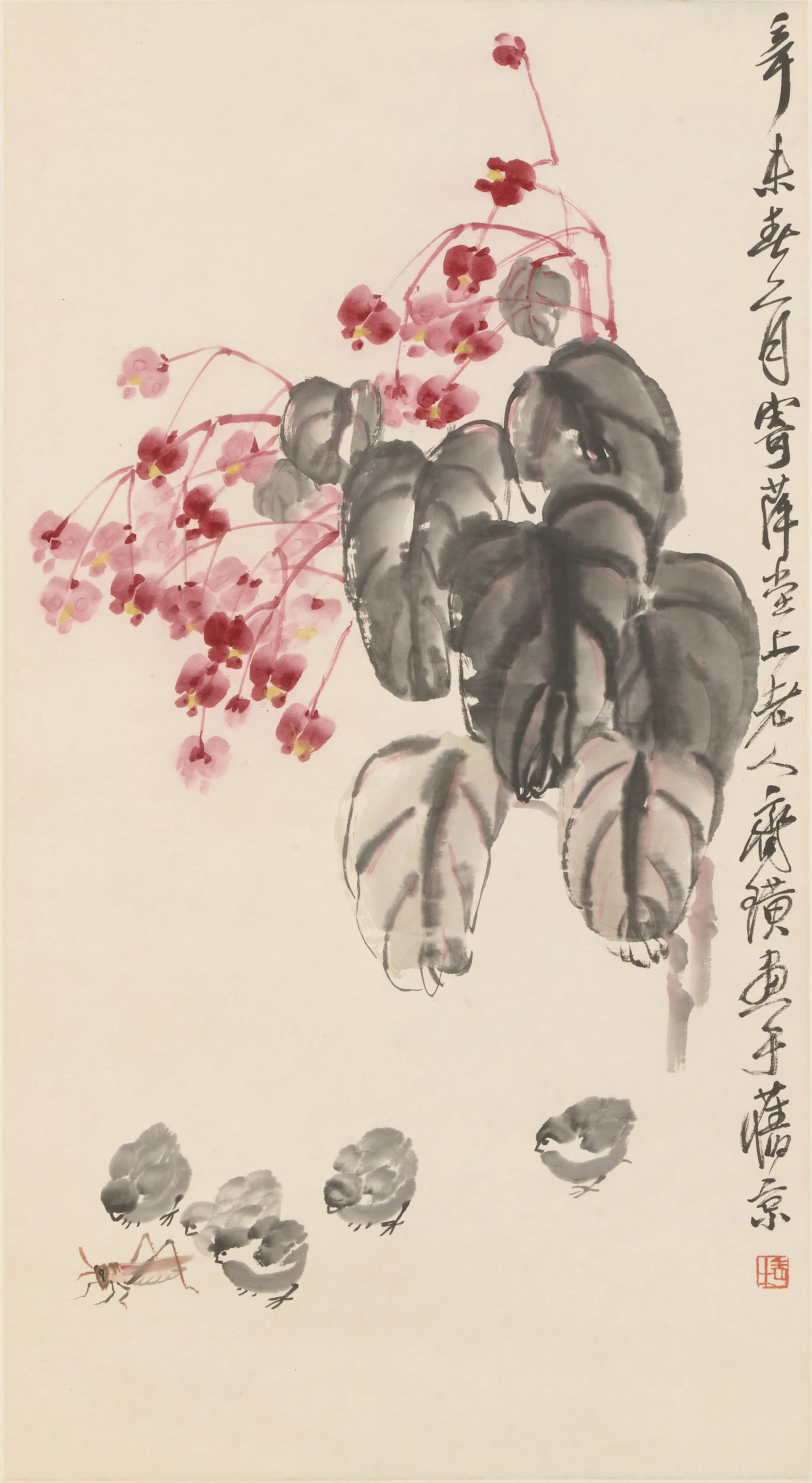 近现代【齐白石】《海棠雏鸡图轴》