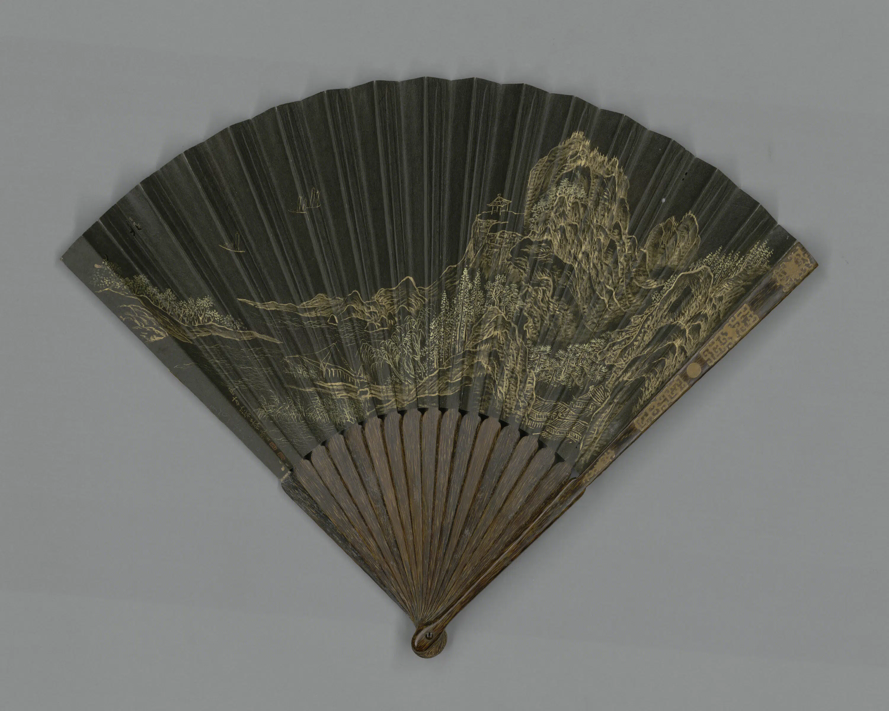 清代【方琮】《画山水张照临米芾孔子手植桧赞成扇》