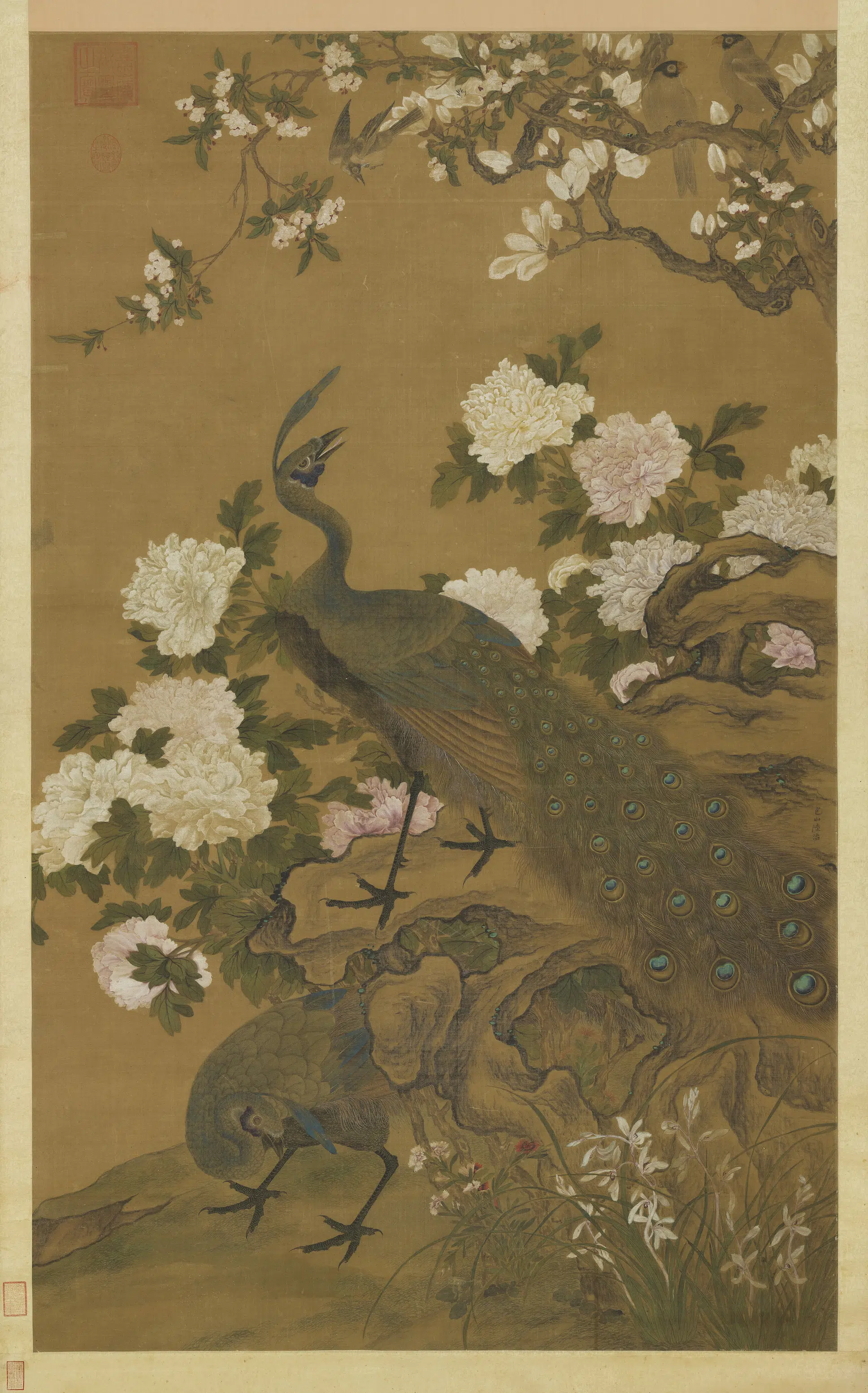 明代【陆治】《锦圃鸣春图轴》