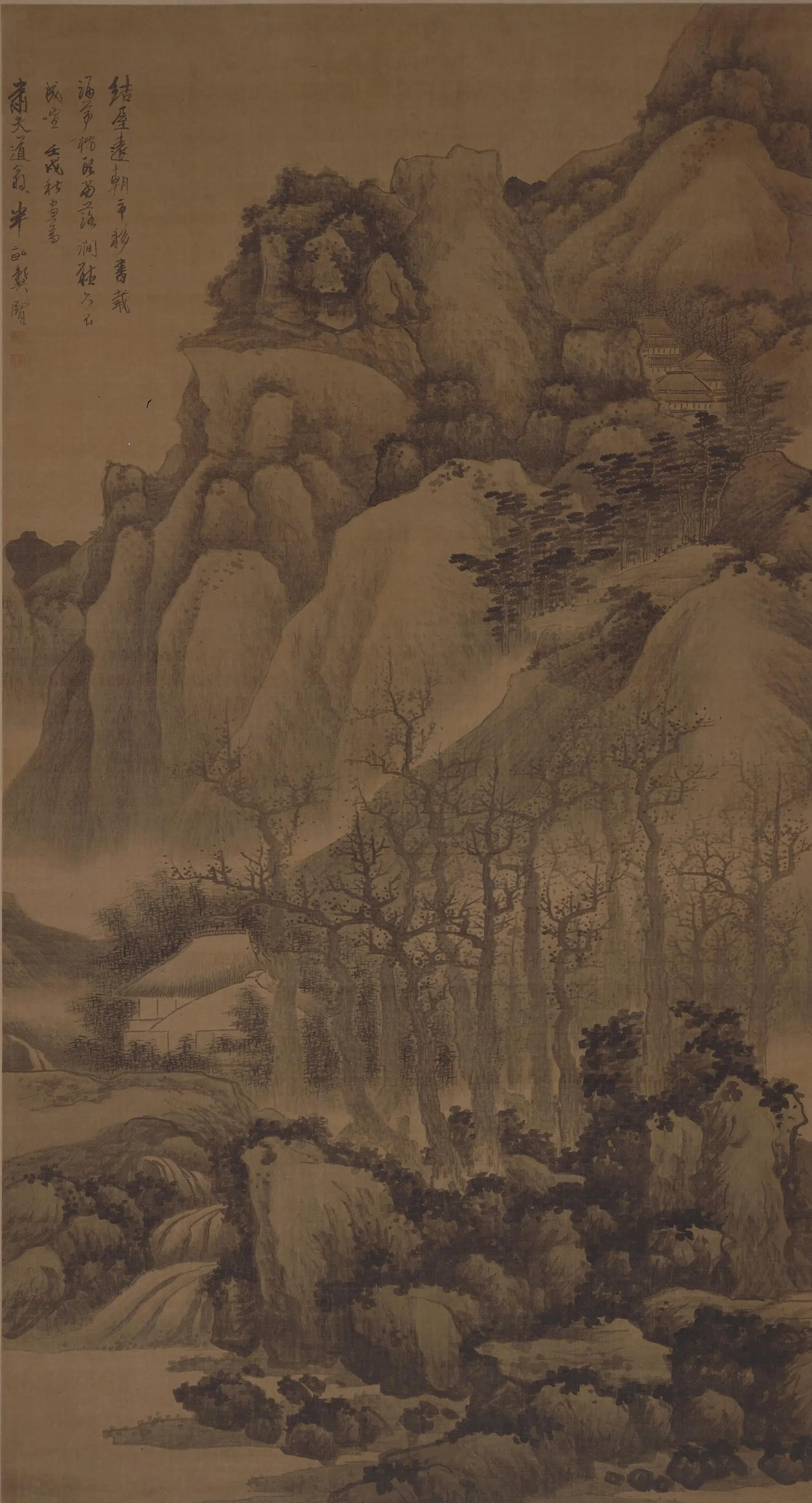 清代【龚贤】《涧屋听泉图轴》