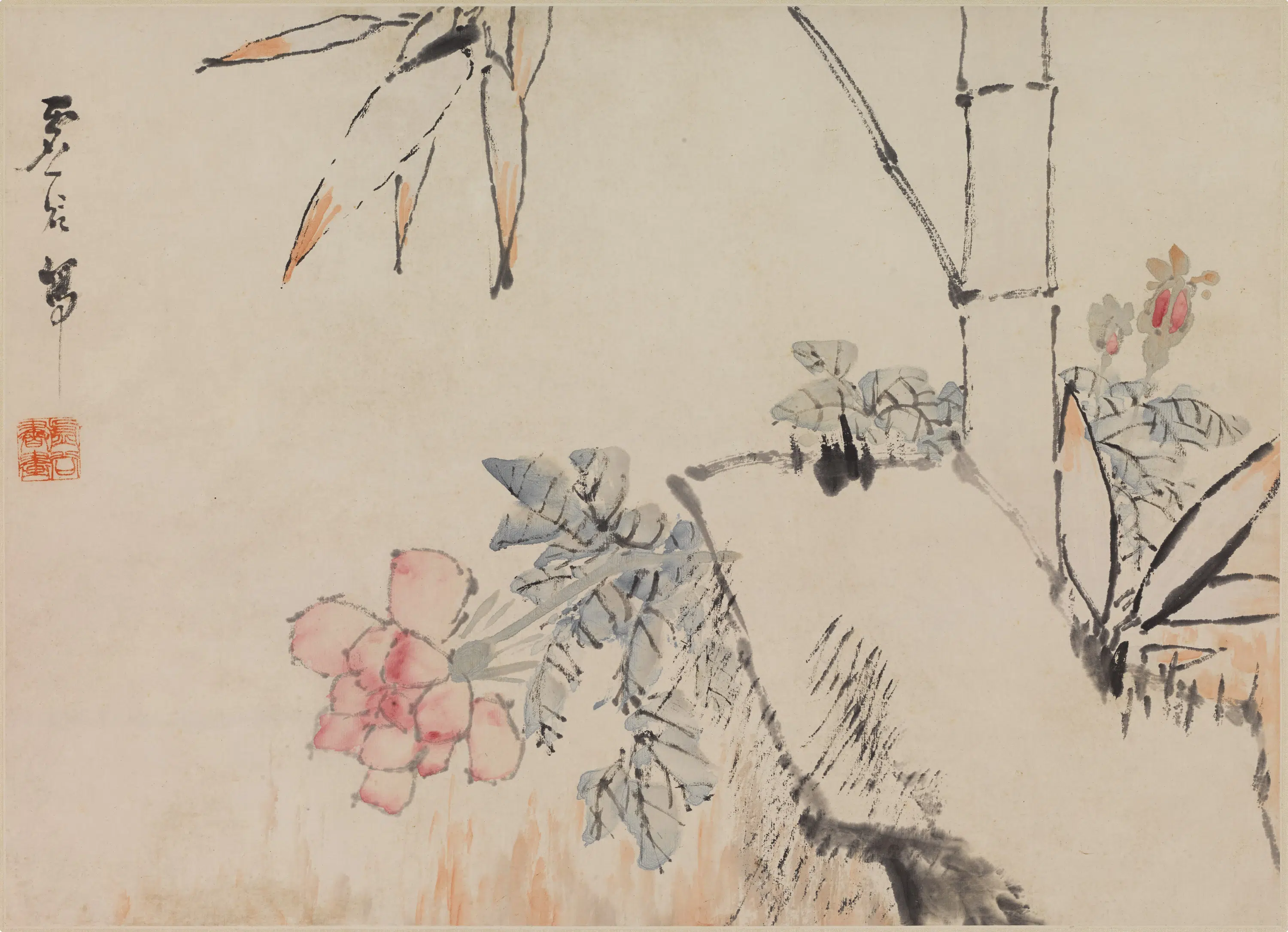 清代【虚谷】《竹石月季图轴》 第1张
