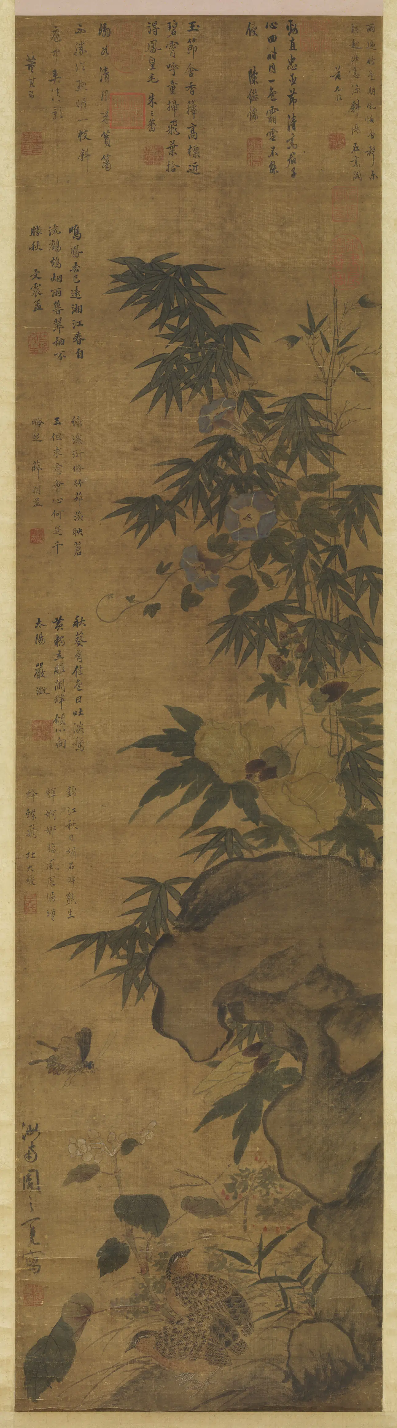 明朝【周之冕】《花竹鹌鹑图轴》
