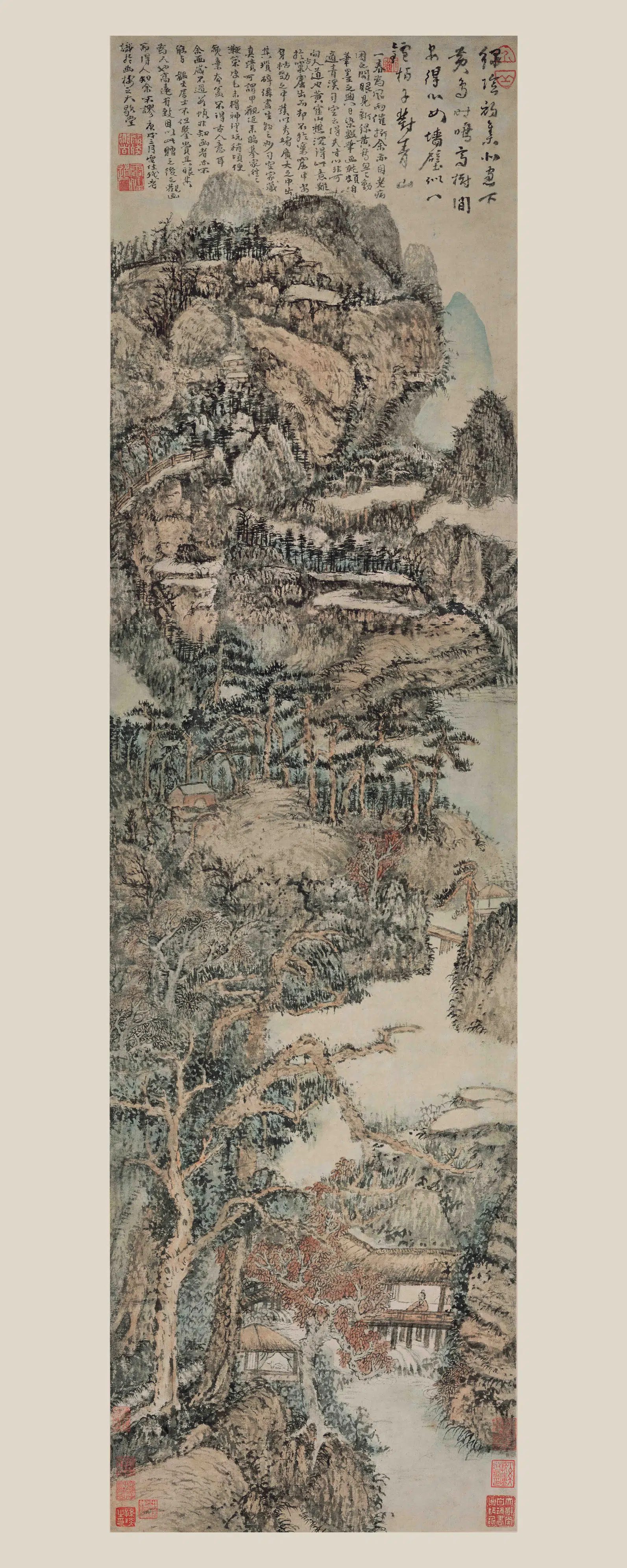 清代【髡残(石谿)】《绿树听鹂图轴》