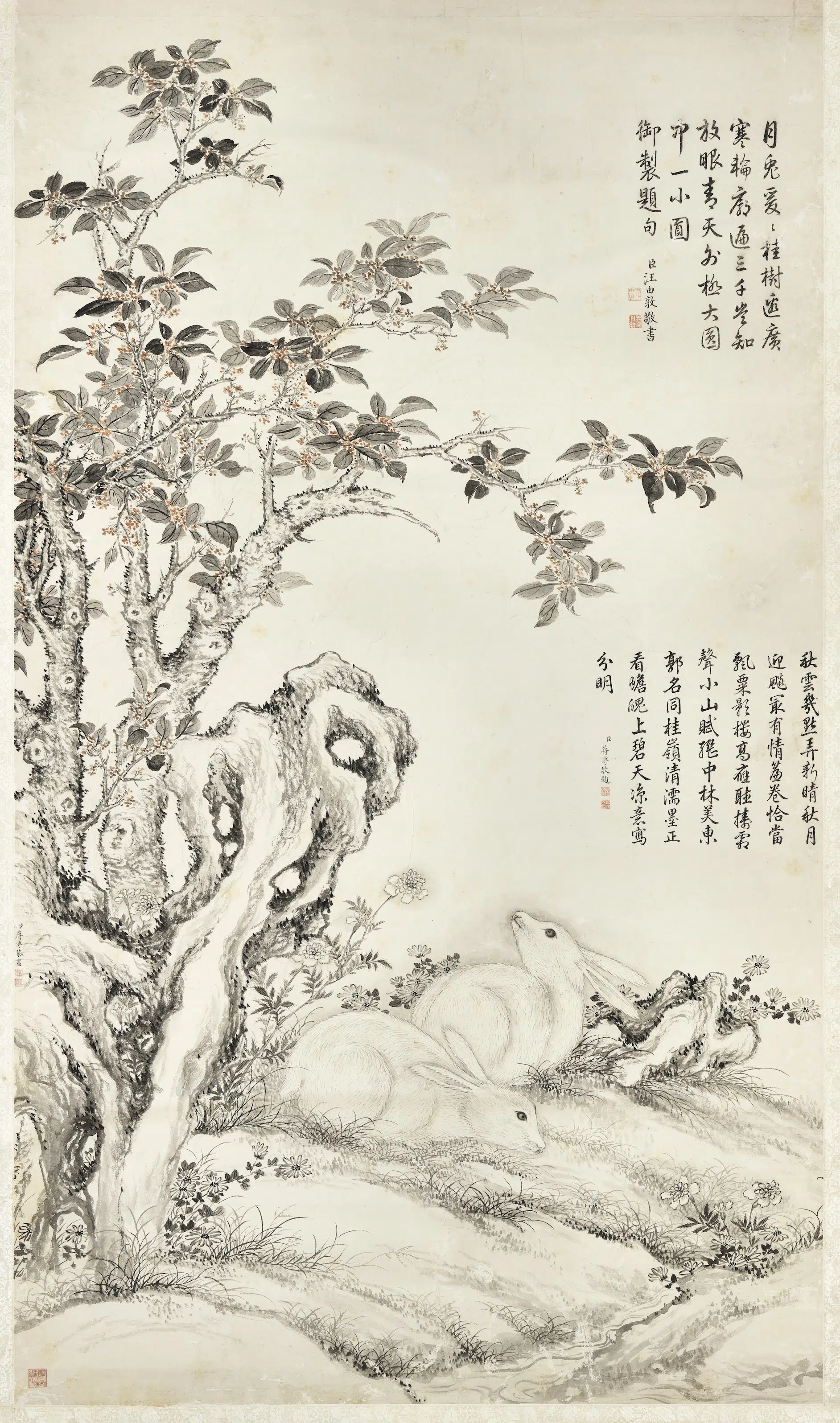 清代【蒋溥】《桂花双兔图轴》