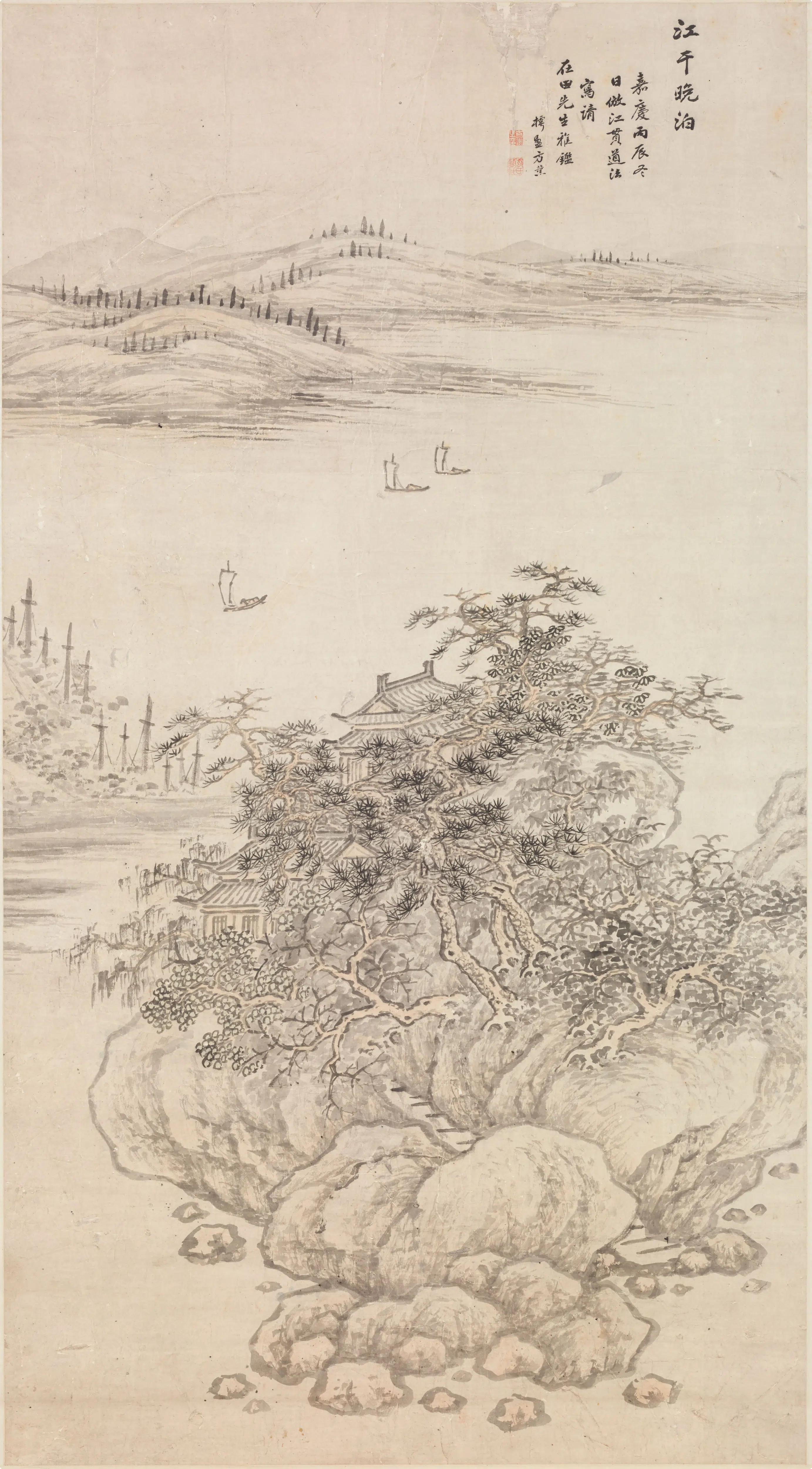 清代【方薰】《江干晚泊图轴》
