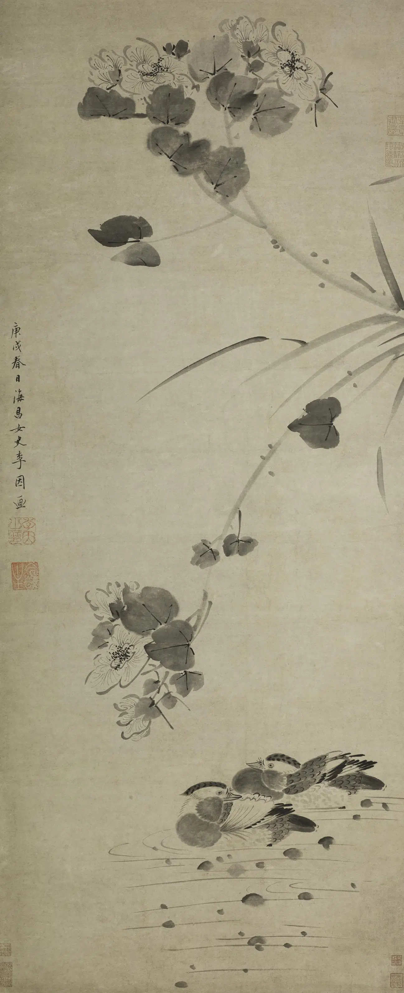 清代【李因】《芙蓉鸳鸯图轴》