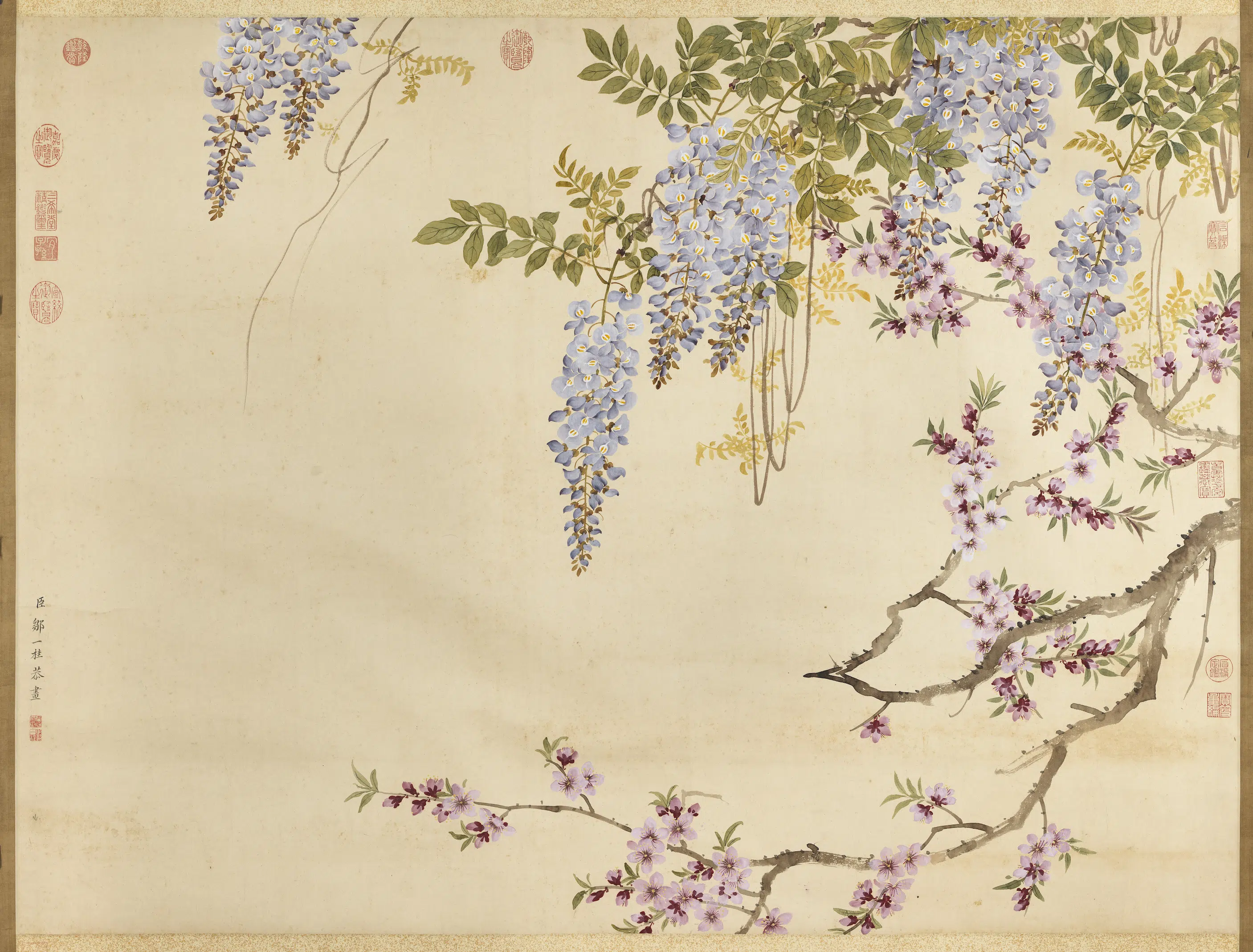 清代【邹一桂】《桃花紫藤图轴》
