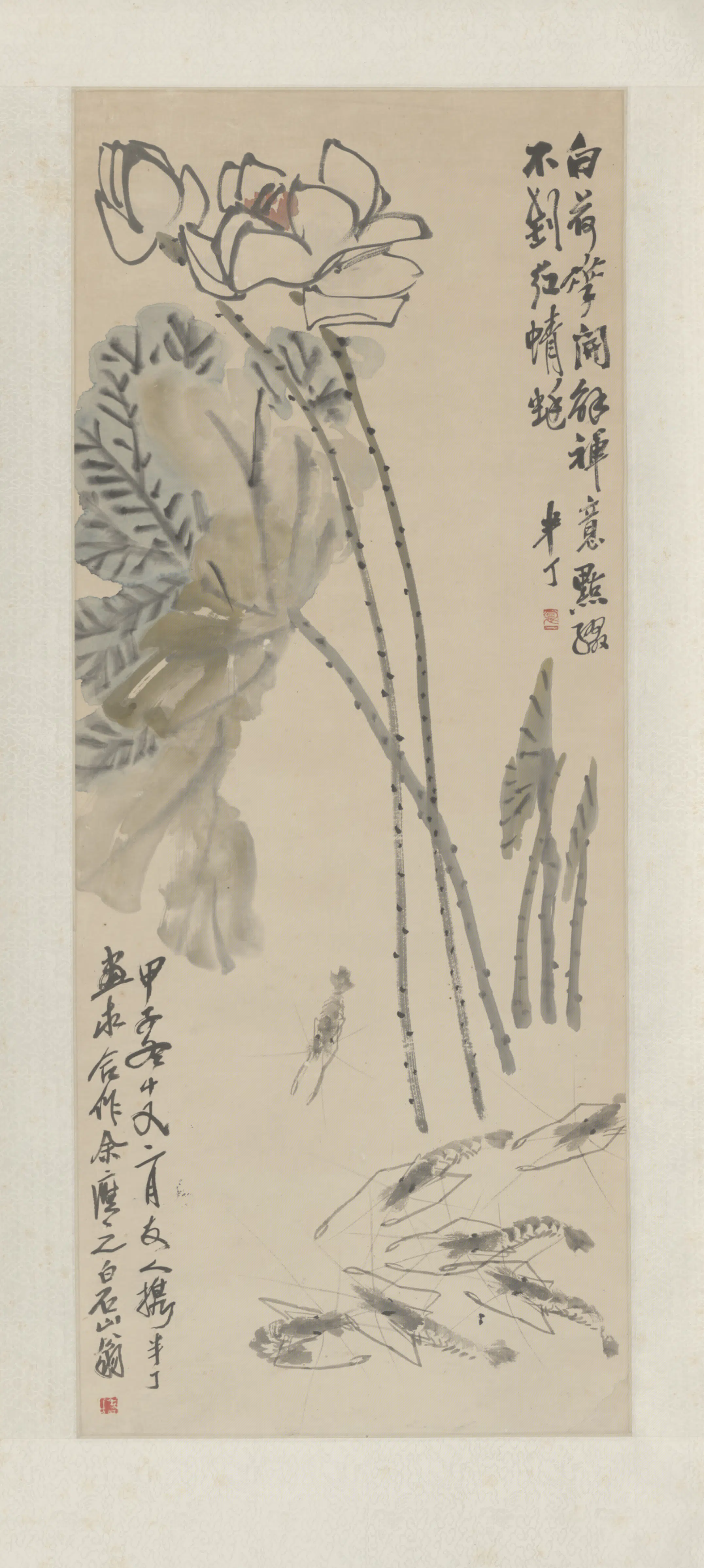 近现代【齐白石】《陈年合画荷虾图轴》