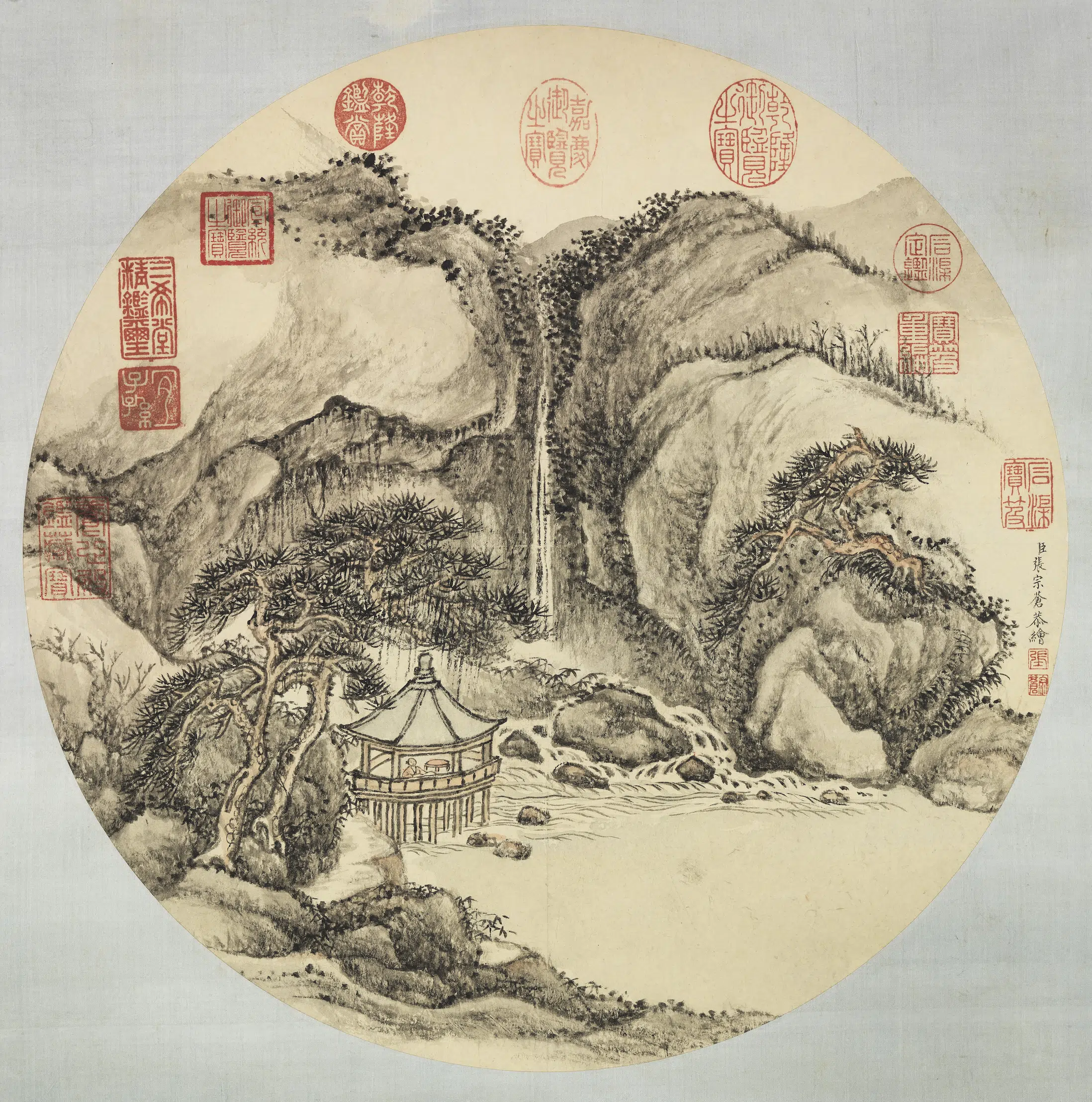 清代【张宗苍】《水亭对瀑图轴》