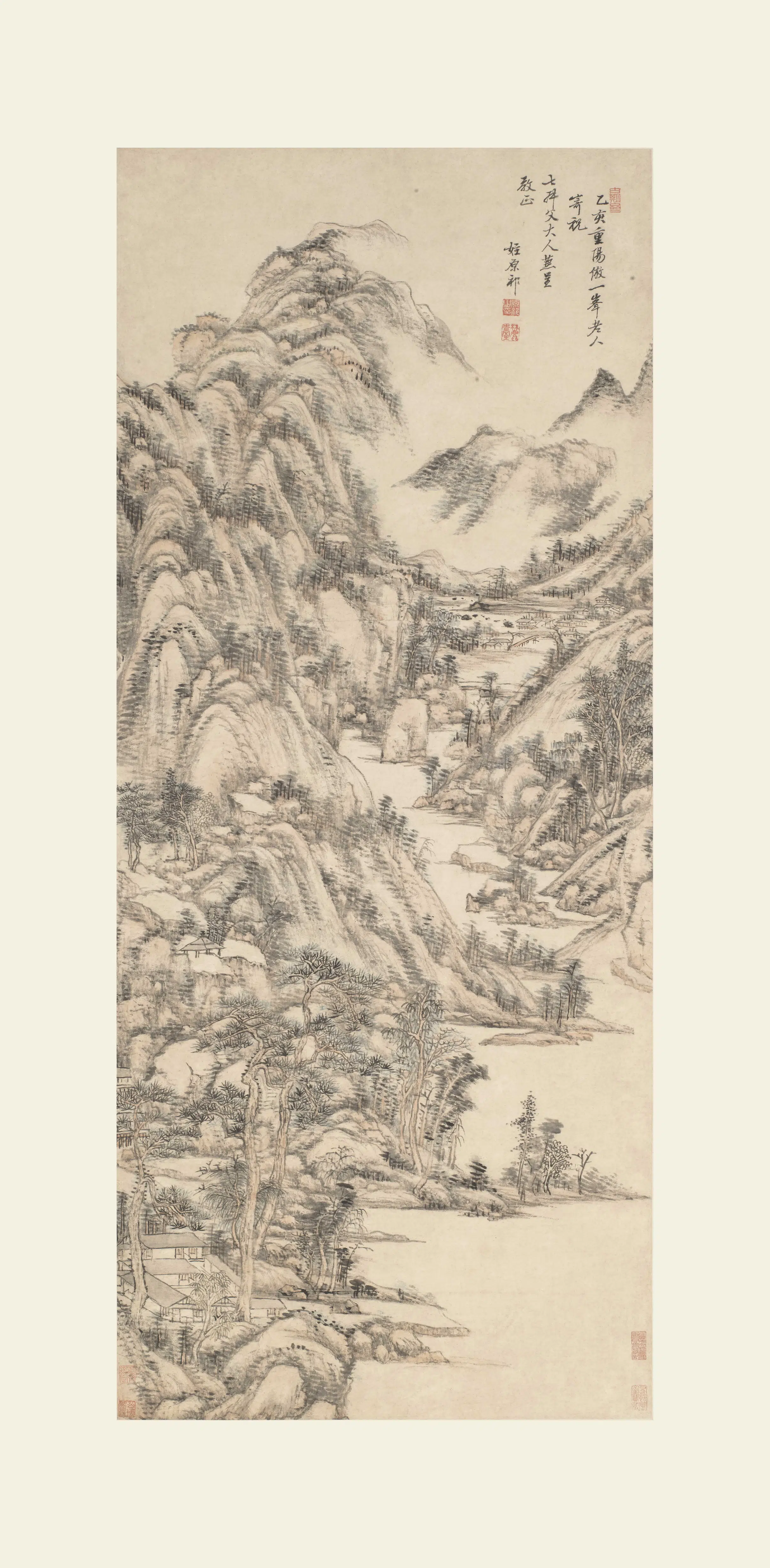 清代【王原祁】《仿子久设色山水轴》