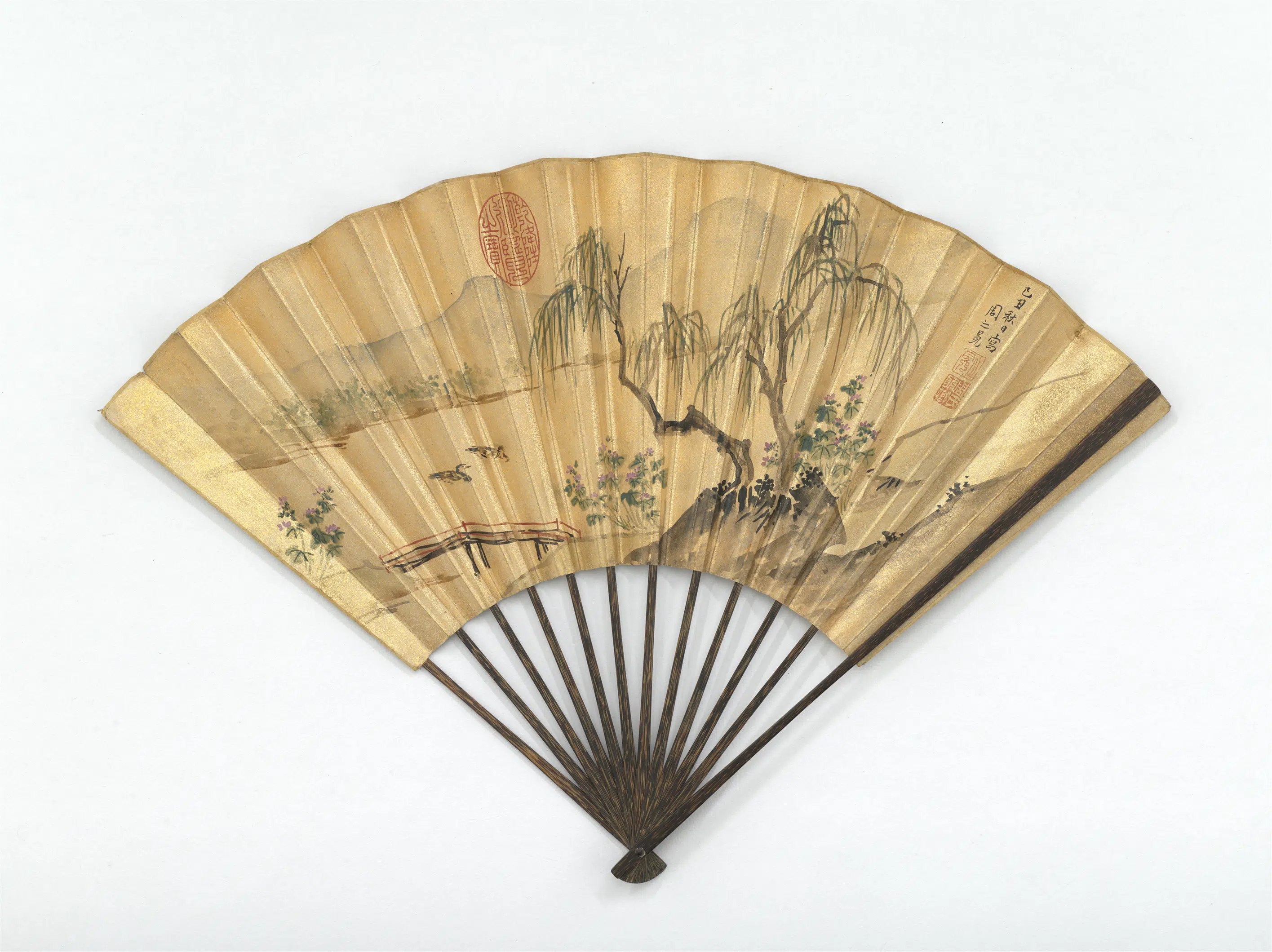 明朝【周之冕】《画芙蓉花鸭孙岳颁书五言律-成扇》