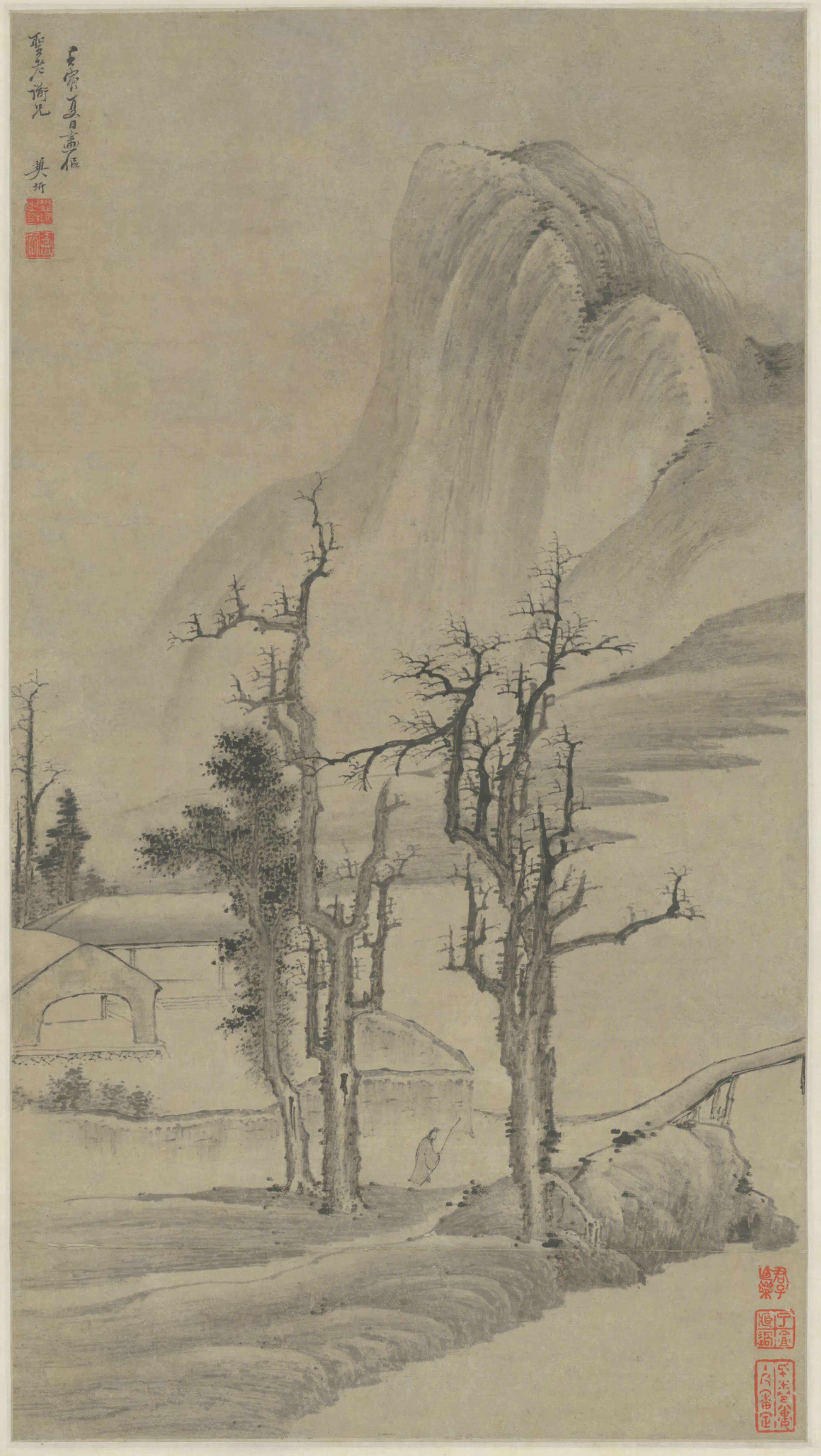 清代【樊圻】《寒林策杖图轴》