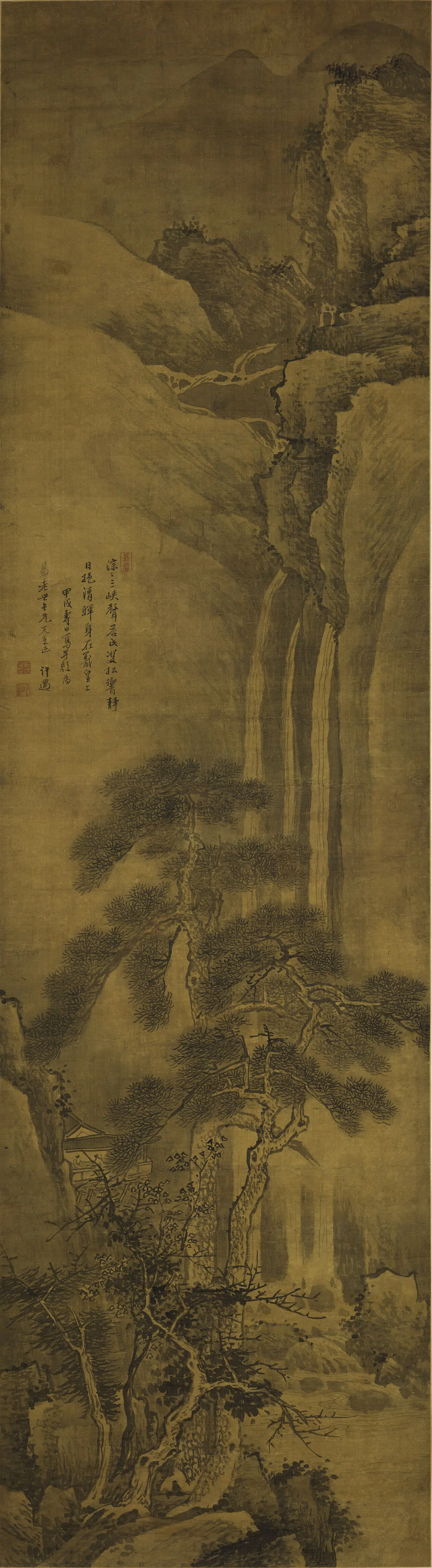 清代【许遇】《松阁观瀑图轴》