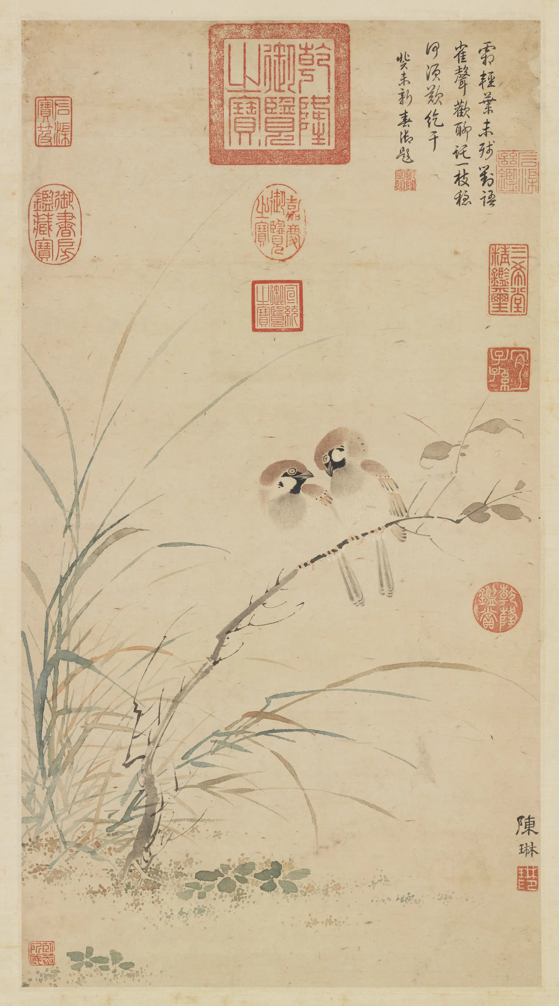 元代【陈琳】《疏枝双雀图轴》