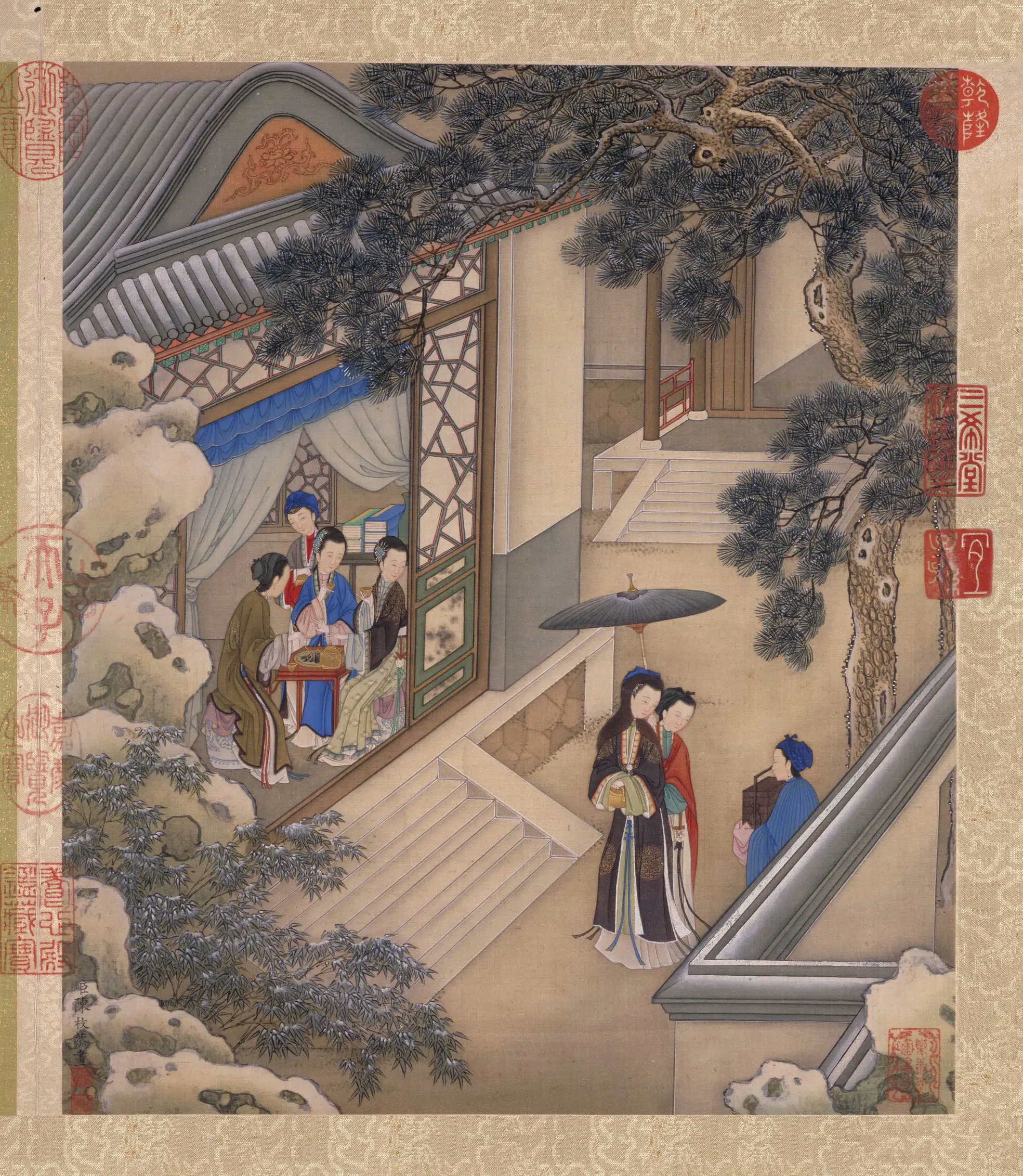 清代【陈枚】《月曼清游图册十二开-(碧池采莲)》 第10张 清代【陈枚】《月曼清游图册十二开-(碧池采莲)》 第10张