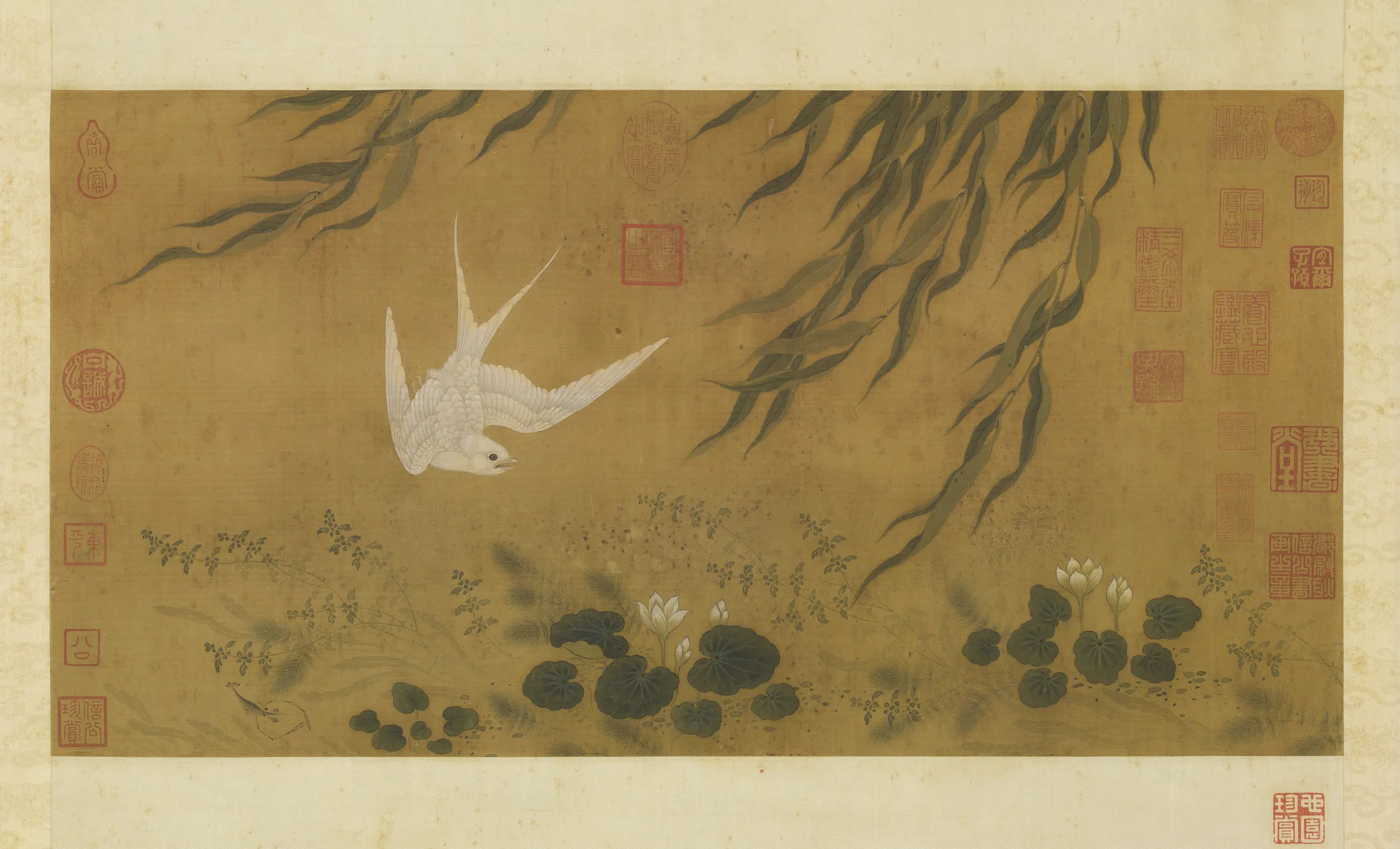 元代《元人柳塘白燕图轴》
